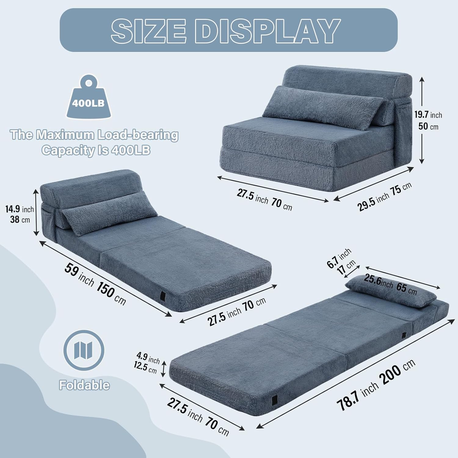 Tiita Convertible Folding Sofa Bed Single Size for Adults with Pillow, Plush Fabric Floor Mattress Couch Bed, Washable Cover & Side Pocket, Guest Room, Dorm, Apartment, Living Room, Blue Gray