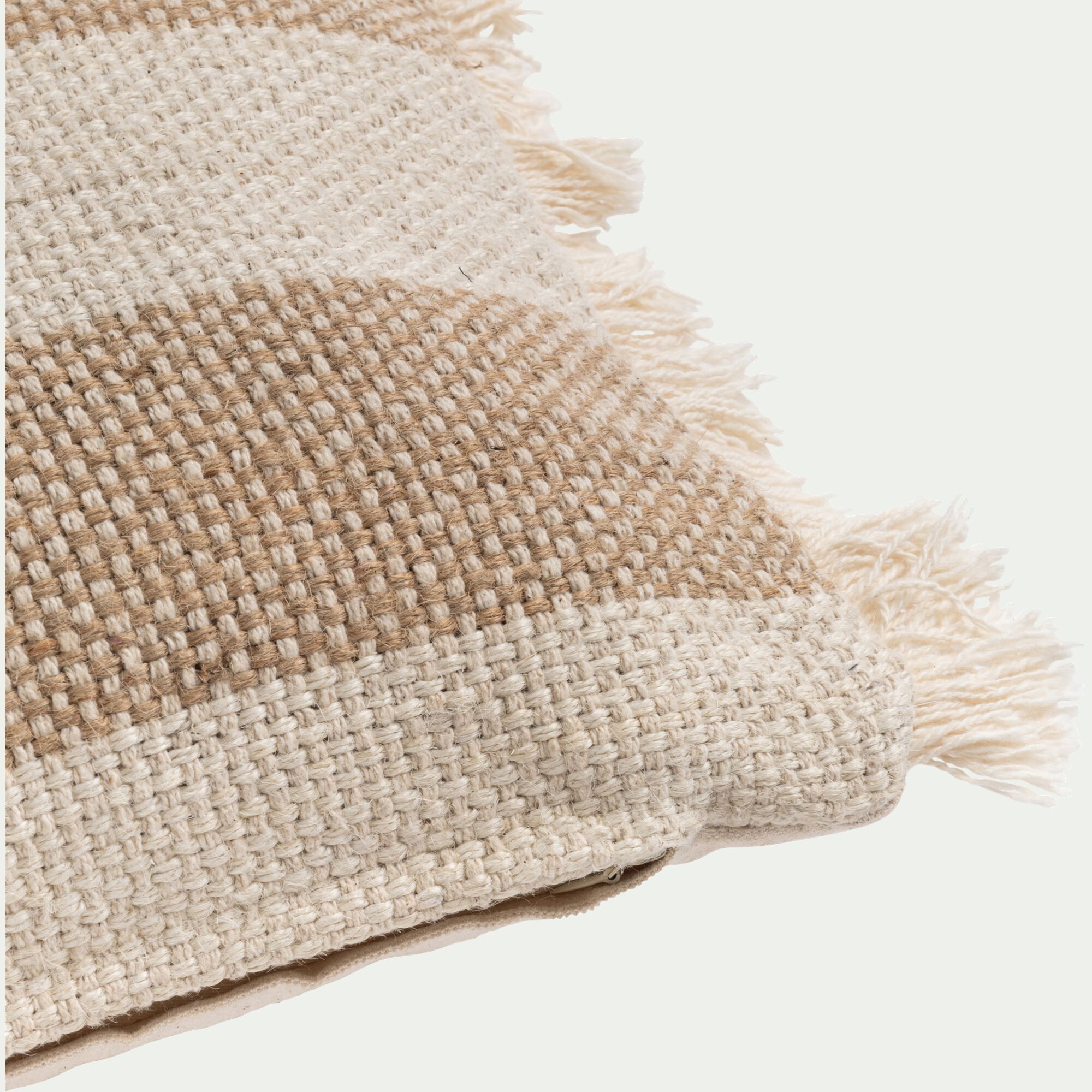 AULAN - Coussin en coton et jute à rayures finition franges 30x50cm - blanc