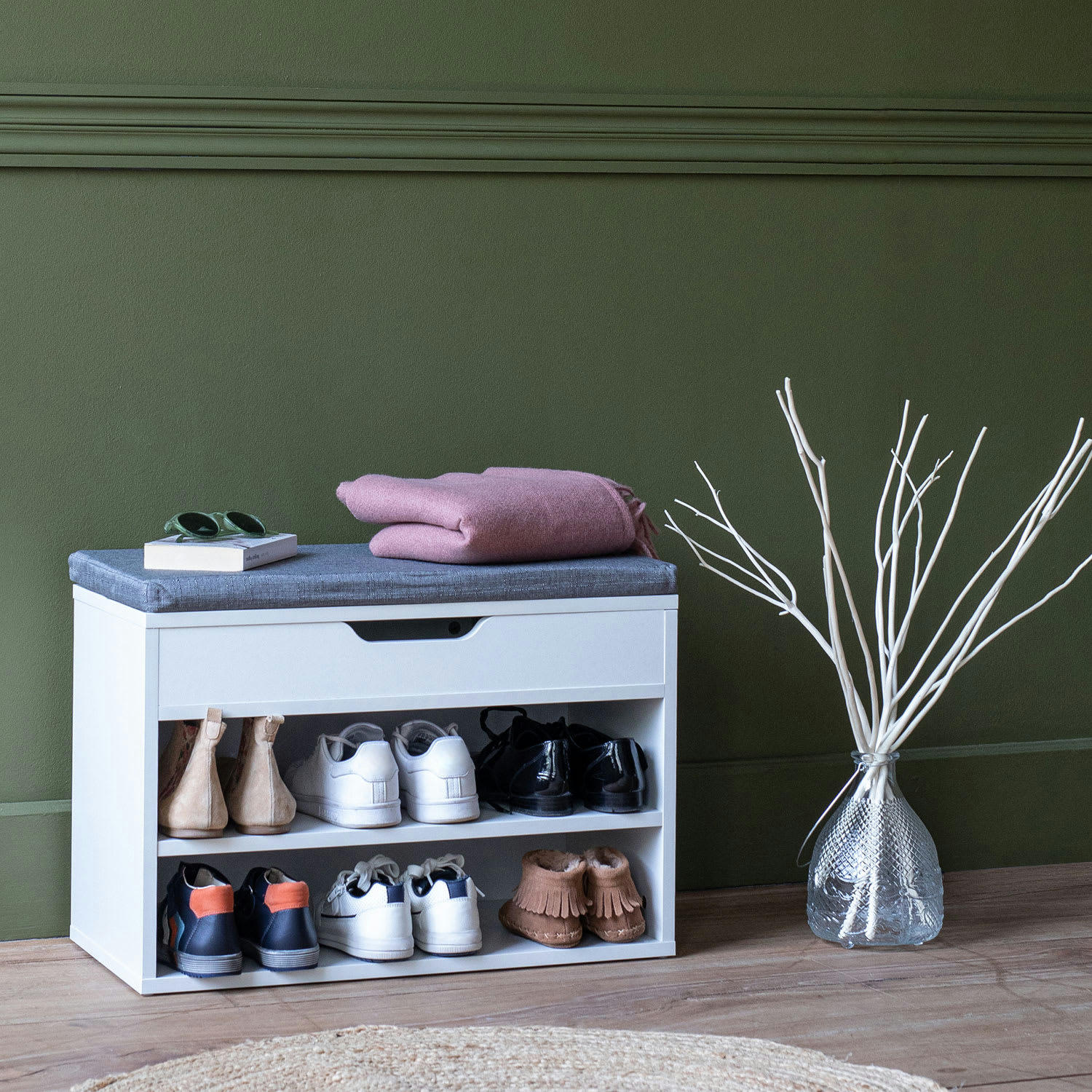 ALAN - Meuble à chaussures deux casiers avec coffre blanc