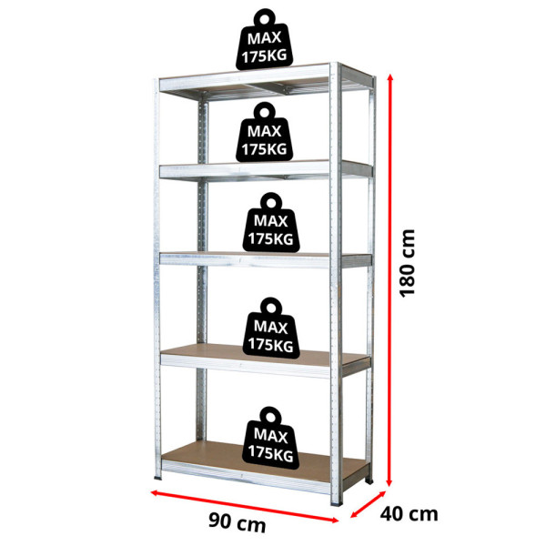 Regał magazynowy 180x90x40 cm metalowy ocynkowany garażowy 875kg