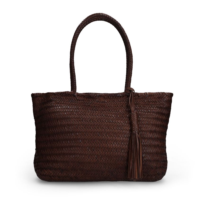 Manfield Bruine leren gevlochten handtas