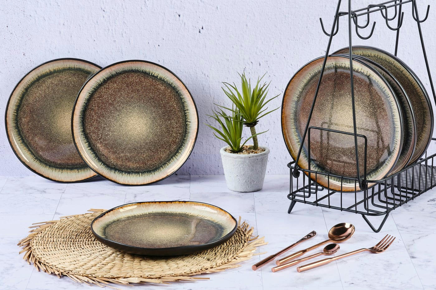 REACTIV - Lot de 6 assiettes plates en grès marron D26