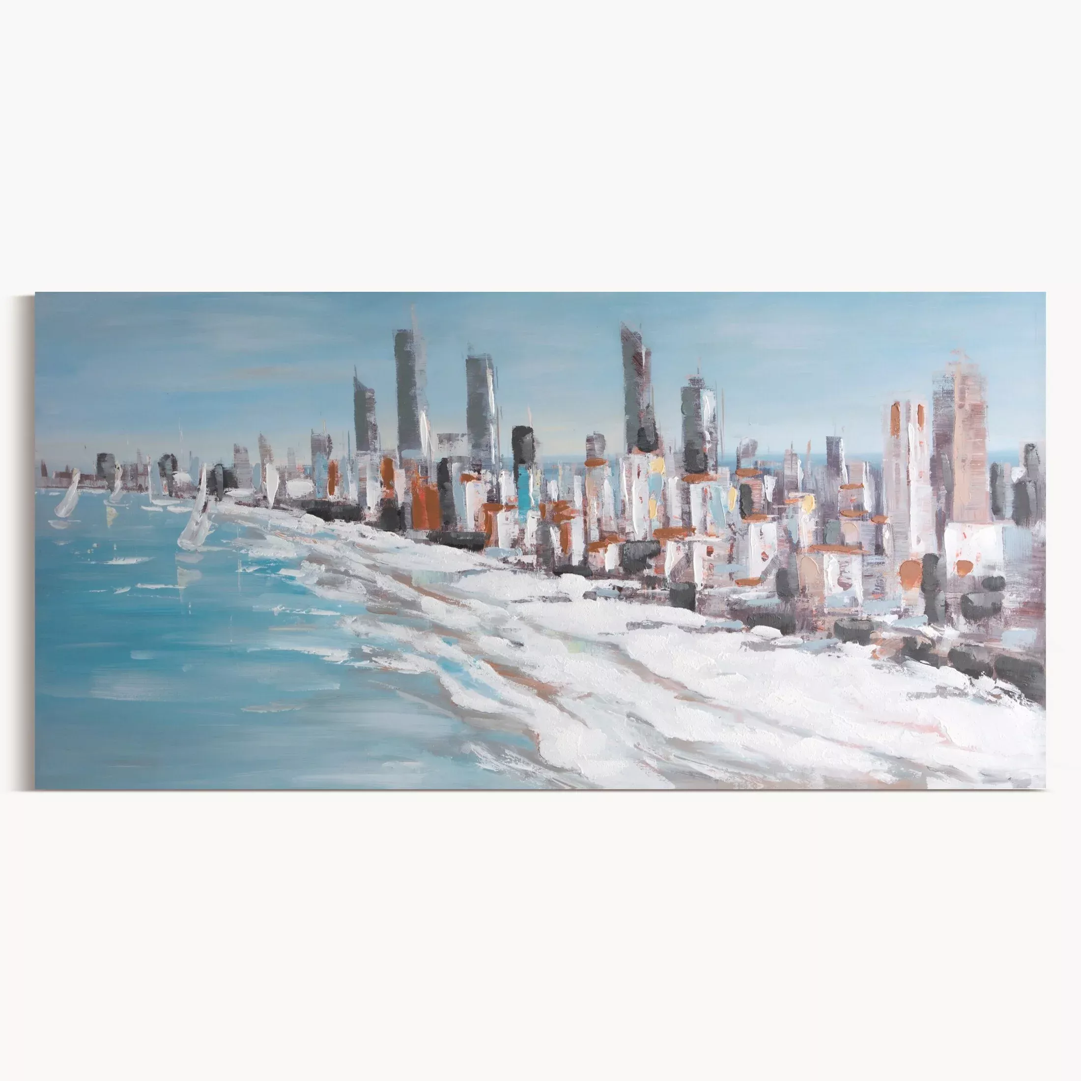 Obraz miasto niebiesko, biały ręcznie malowany na płótnie 140x70 cm