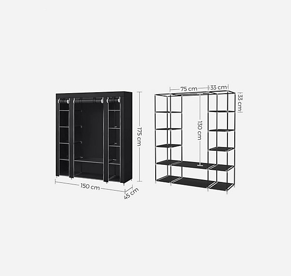 Armoire de Rangement en Tissu Noir  Housse -Penderie Métallique 12 Compartiments Dressing Chambre