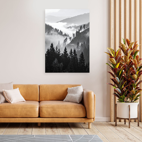 Obraz nowoczesny, Góry Las Drzewa Czarno Biały 20x30