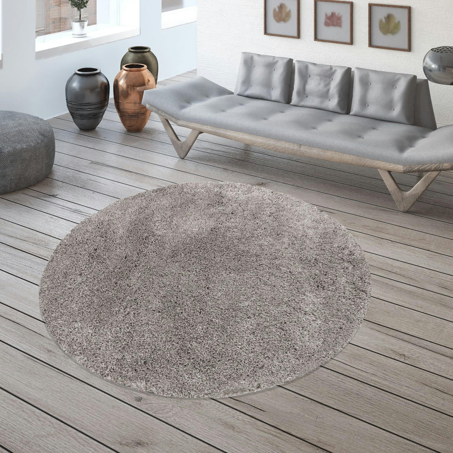 MOELLEUX - Tapis cosy rond à poils longs greige 120x120cm