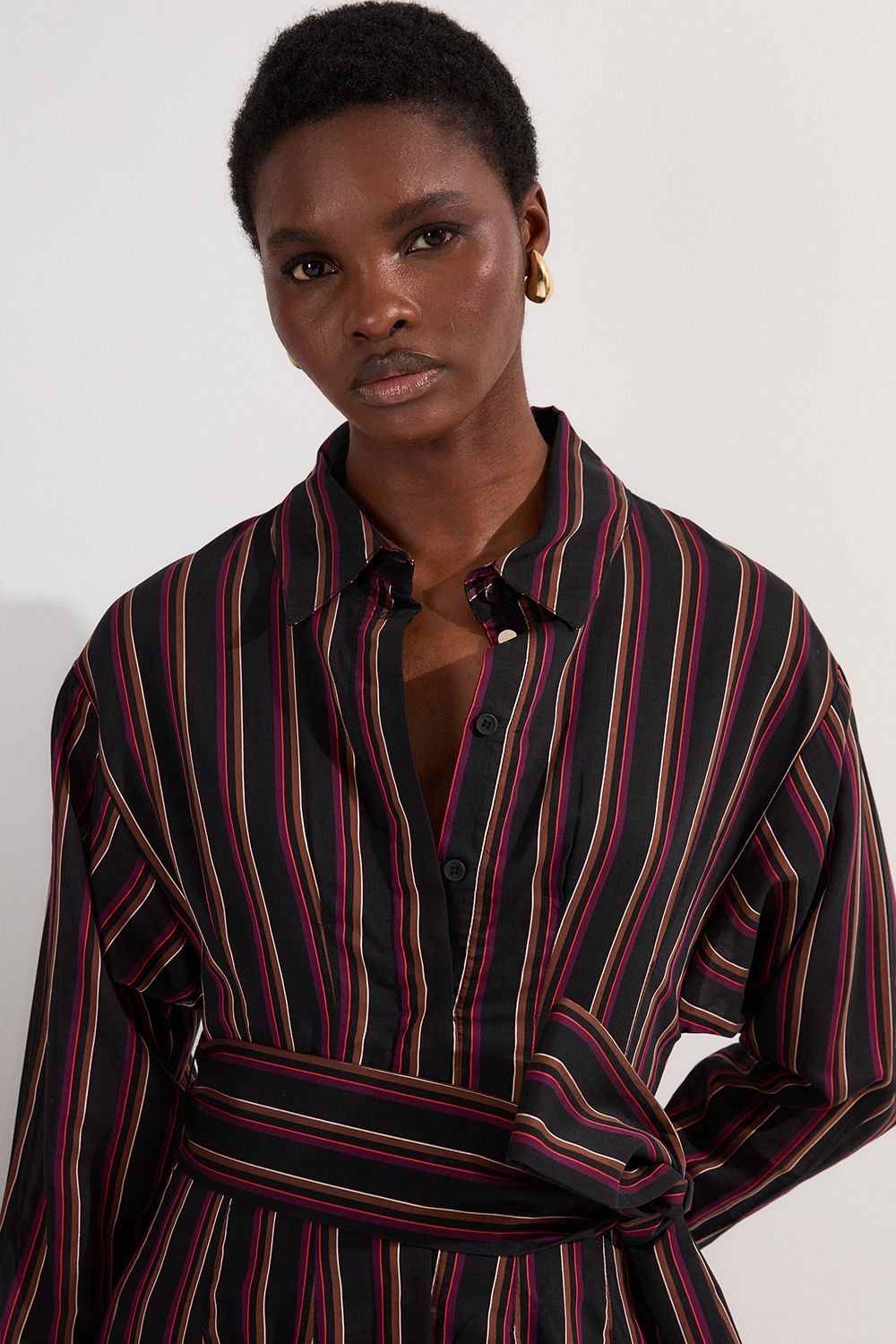KarenMillen Premium Cotton Tailored Belted Shirt Maxi Dress