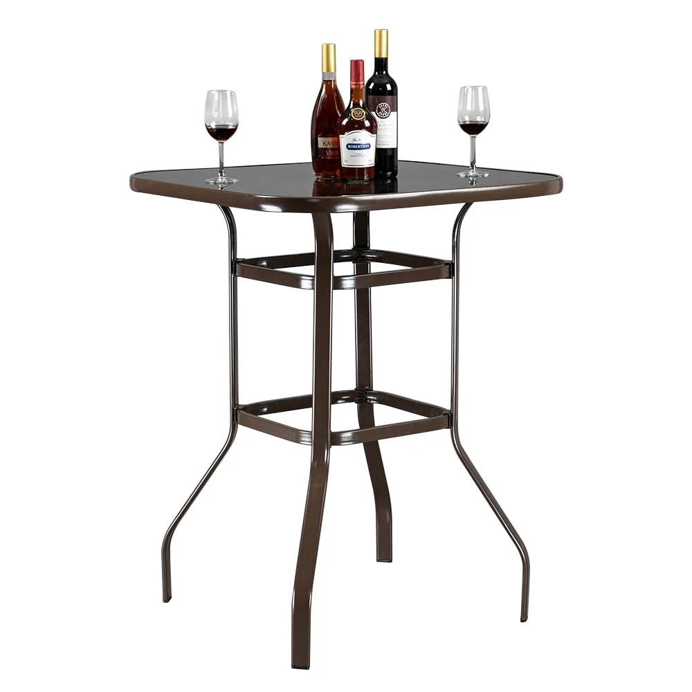 Wrought Iron Glass High Bar Table Patio Bar Table Brown