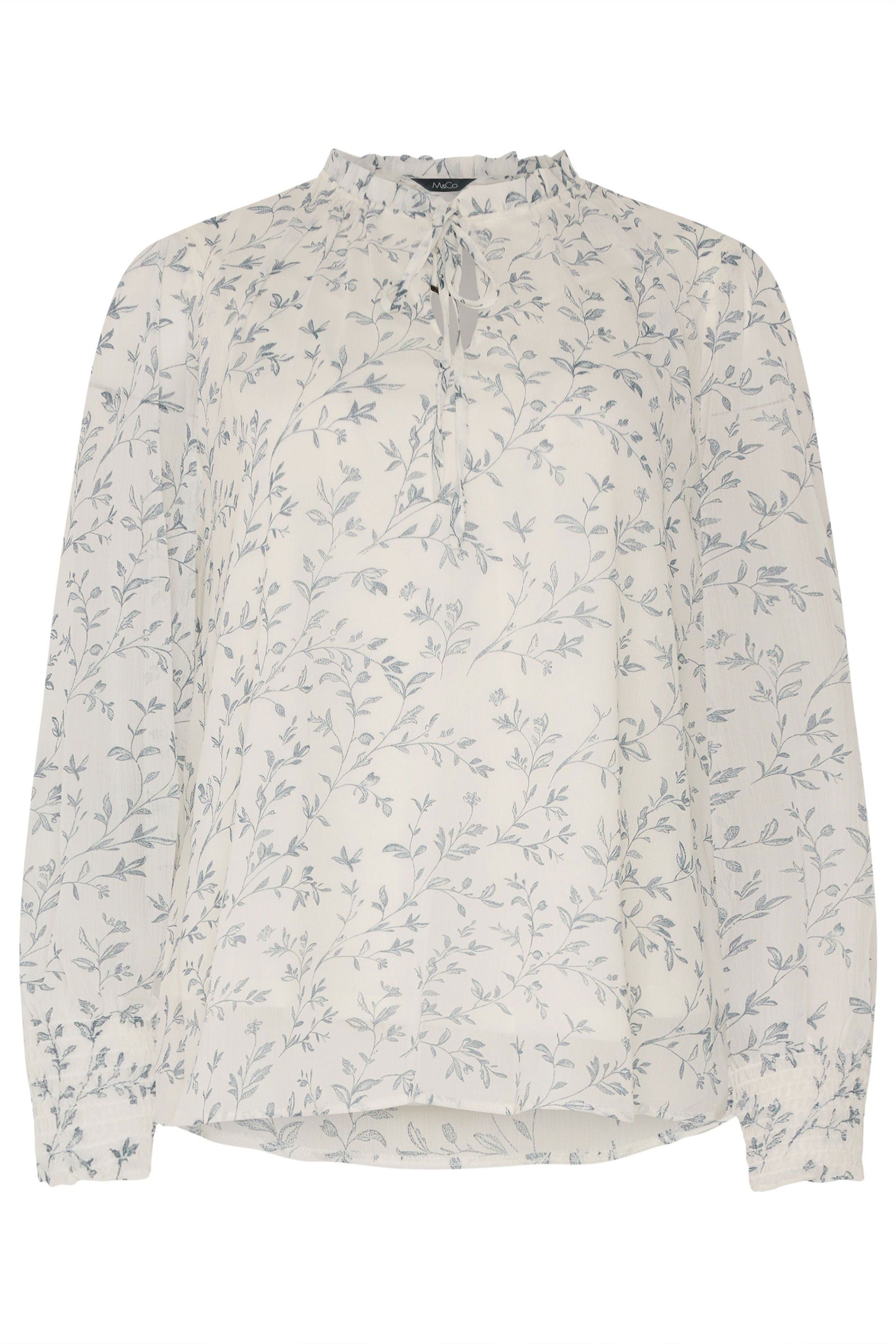 M&Co Leaf Print Tie Neck Blouse