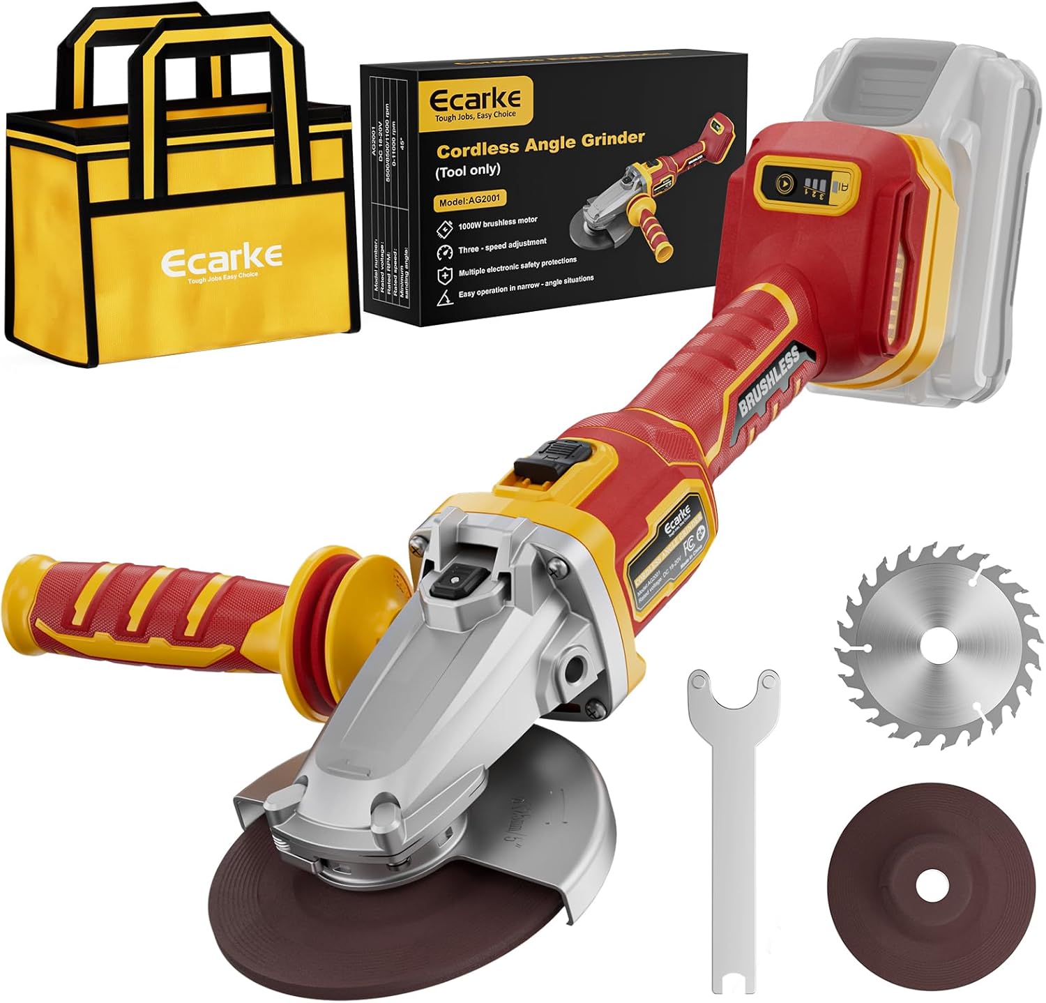 Ecarke Flathead Angle Grinder Compatible with DeWalt 20V Battery, 4-1/2 to 5,11000RPM, Anti-Vibration & Gyroscope Safety System,Tool-Free Guard, Angle Grinder for Tight Spaces Grinding (Tool Only)