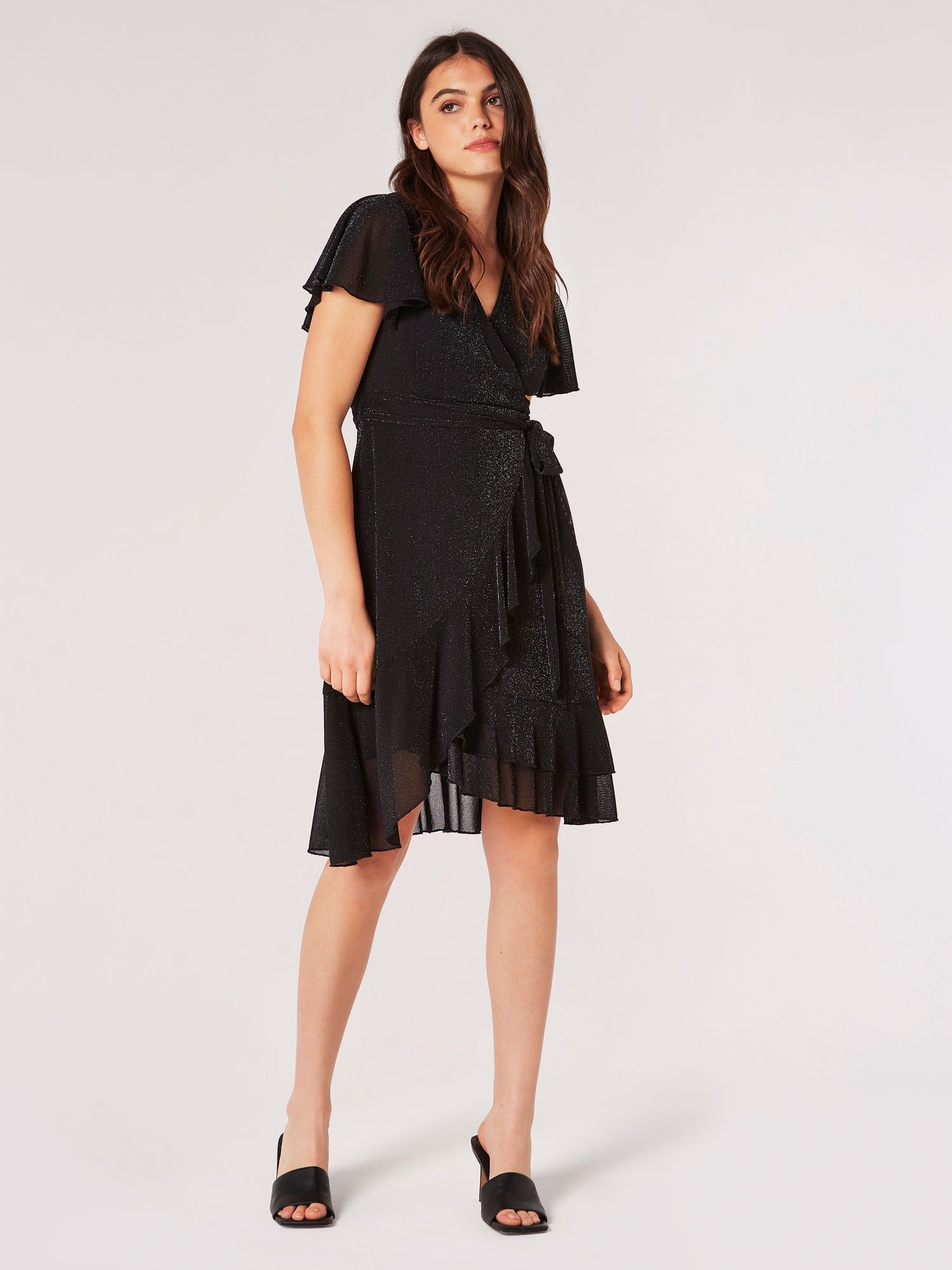 Apricot Sparkle Wrap Ruffle Mini Dress