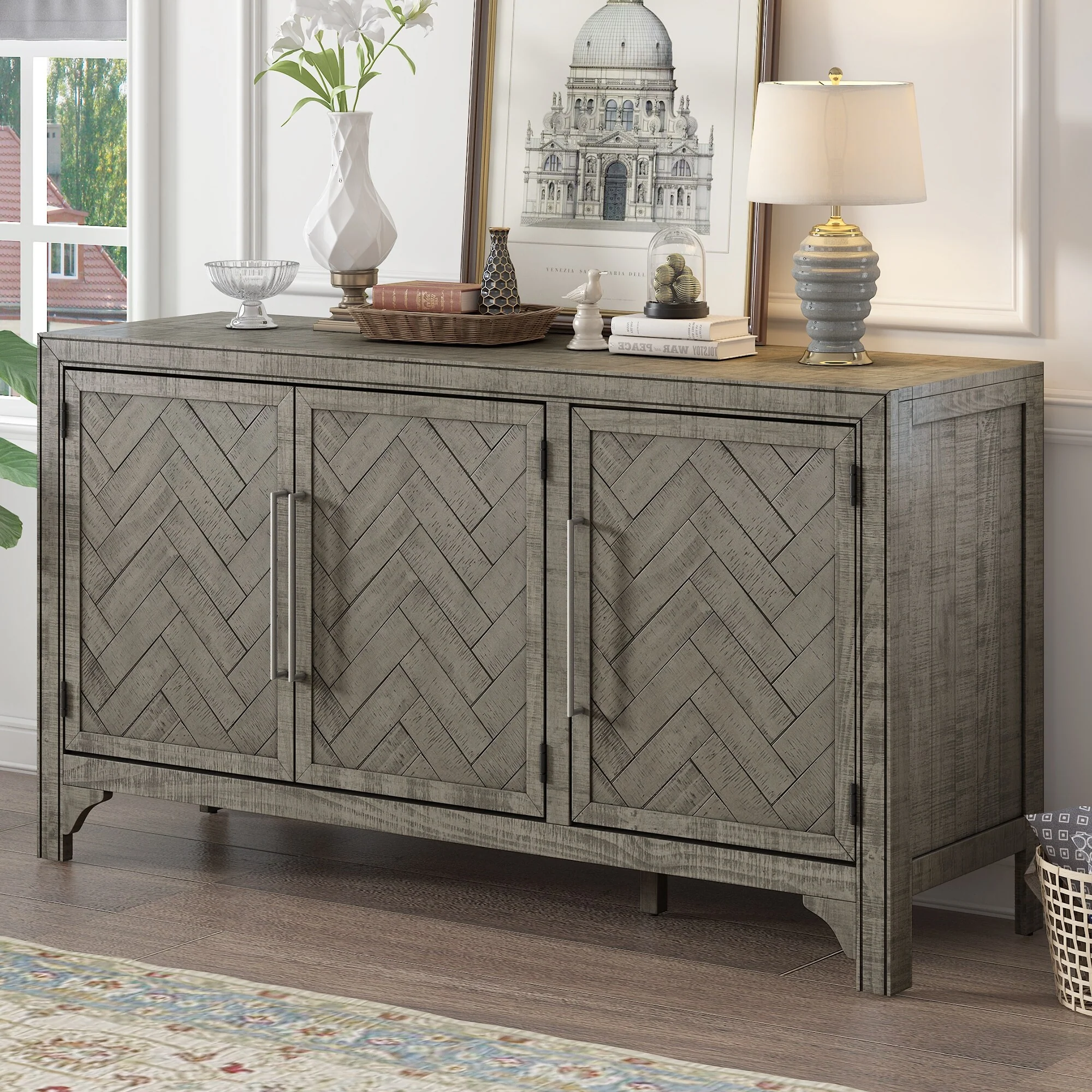 Versatile Storage Sideboard with MDF & Pine Veneer Finish‌ – Features Adjustable Shelves, Perfect for Living Rooms, Entryways.