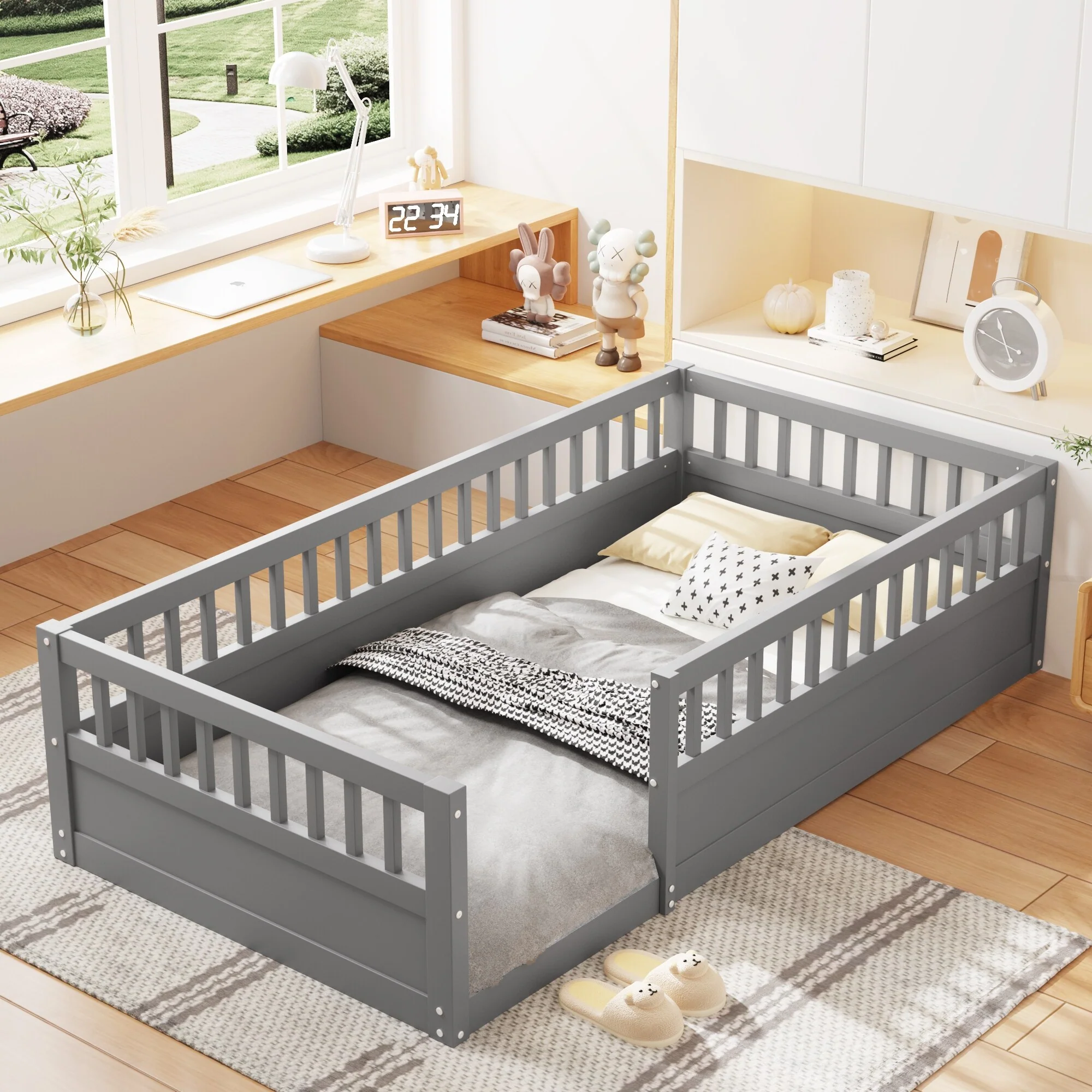Twin Size Pine Floor Bed Frame with Fence