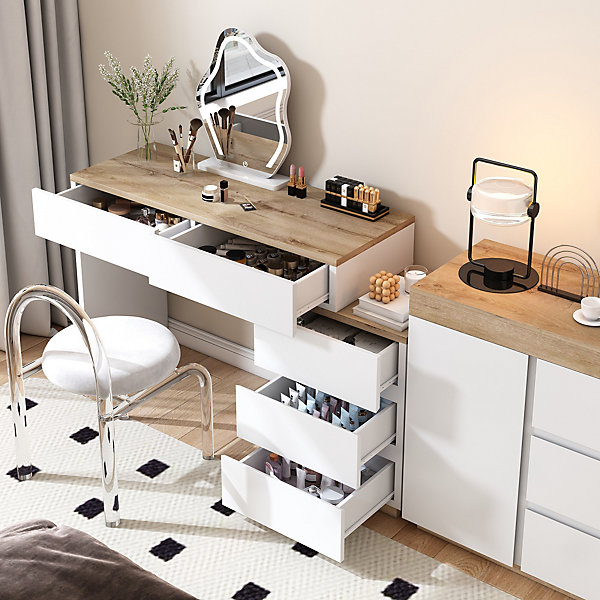 Bureau avec Tiroirs - Bureau avec Coiffeuse et Rangements, Bois, Blanc et Bois Clair - 125x38,9x76 cm