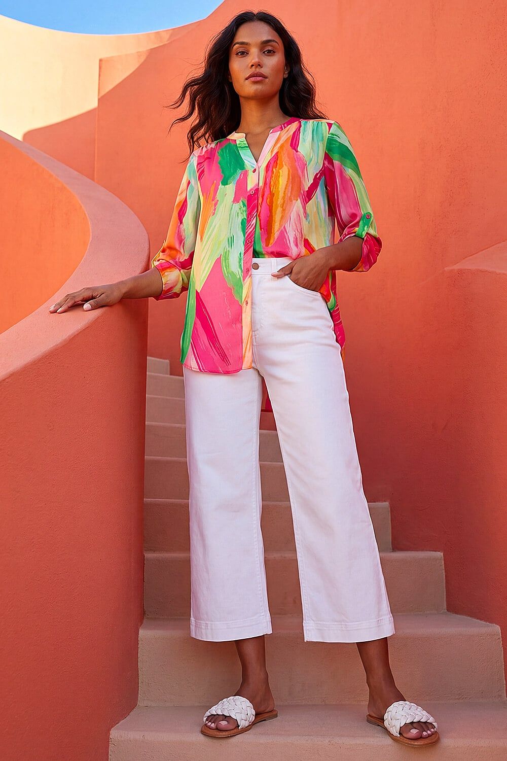 Roman Abstract Print V-Neck Button Blouse