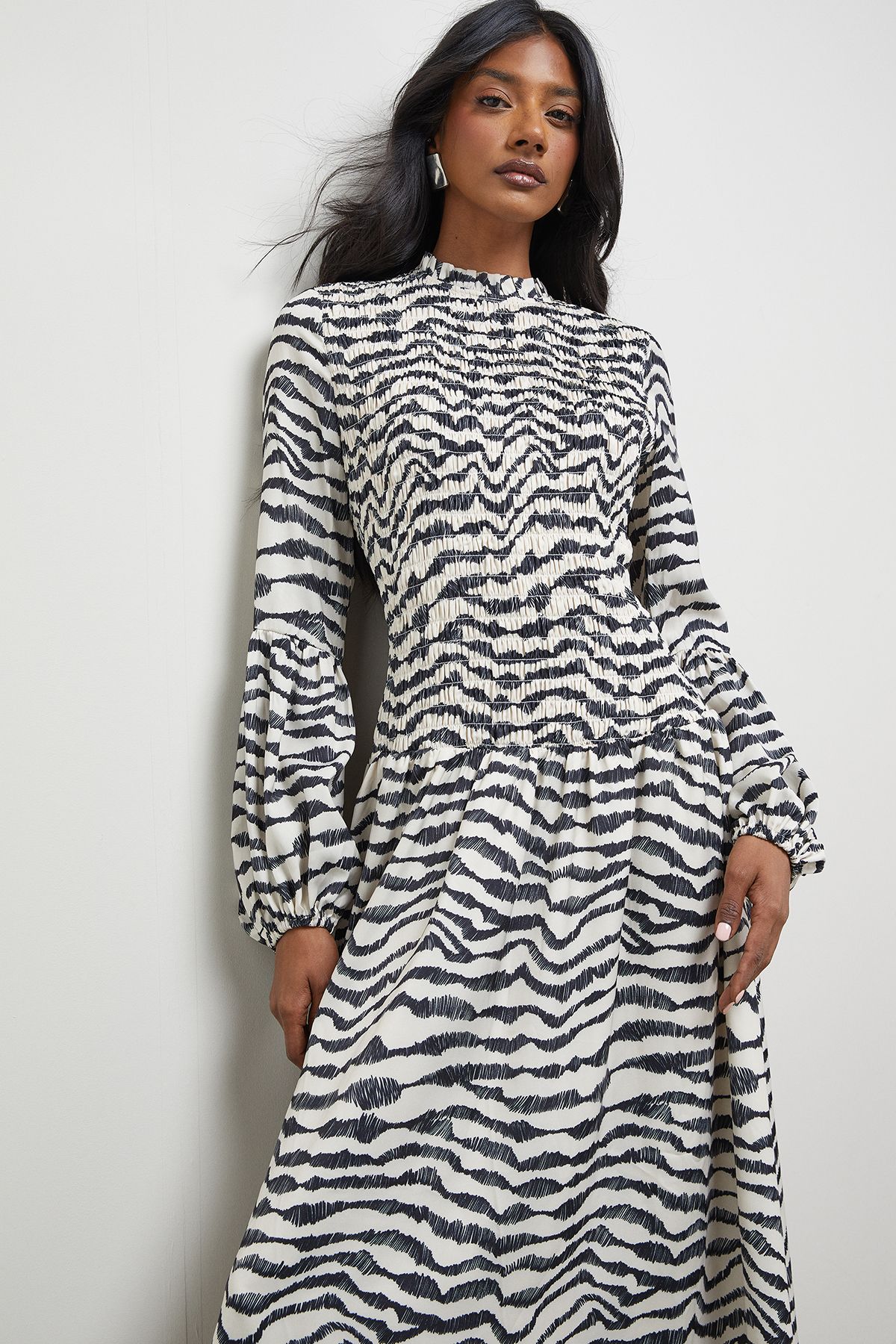 Warehouse Satin Shirred Bodice Balloon Sleeve Midi Dress