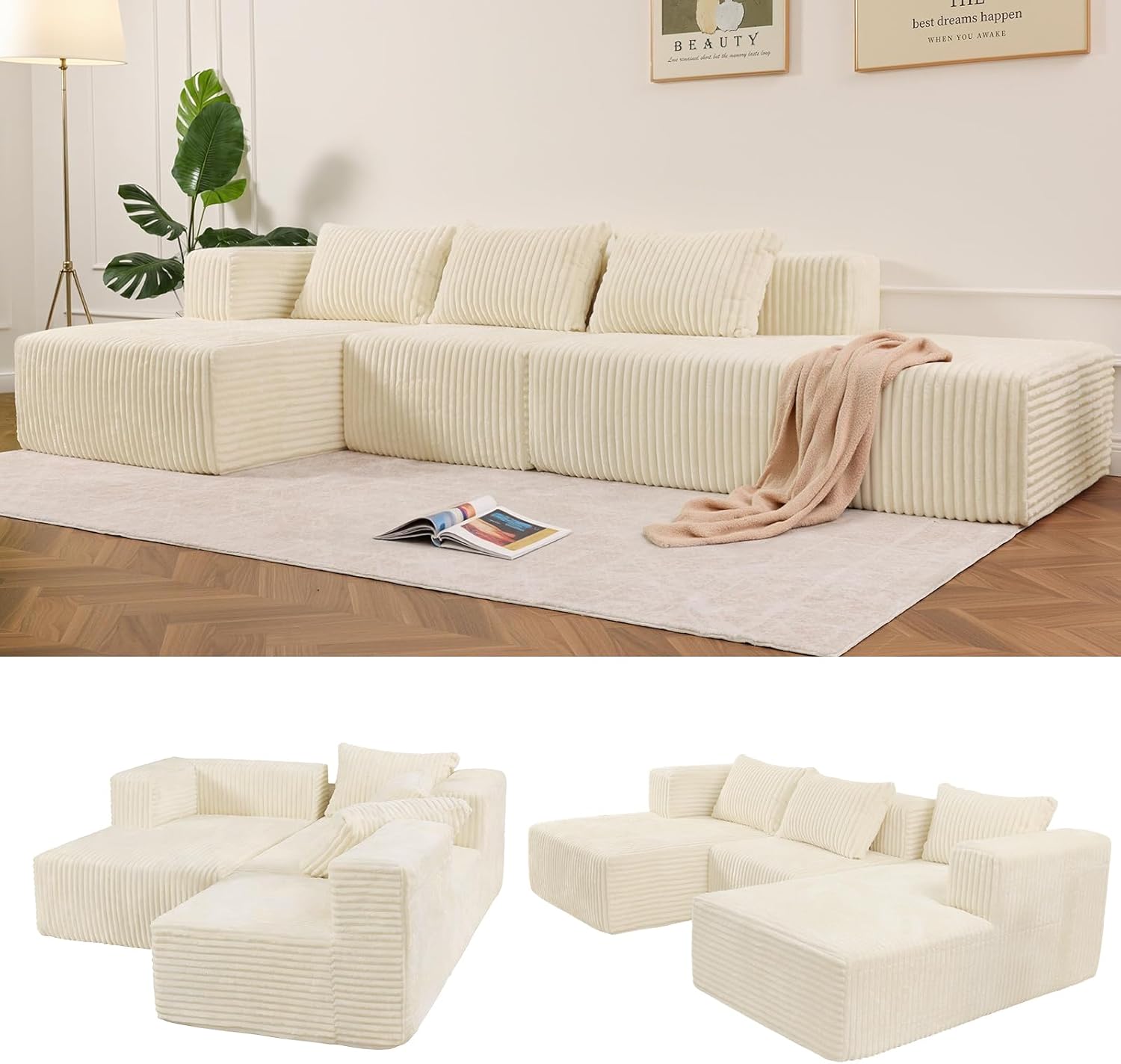 117” Modular Sectional Cloud Couch with L-Shape Chaise Lounge, Boneless Convertible Sofa for Living Room, Corduroy 4-Seater Couch, No Assembly Required, Cream Beige, Left Facing Chase