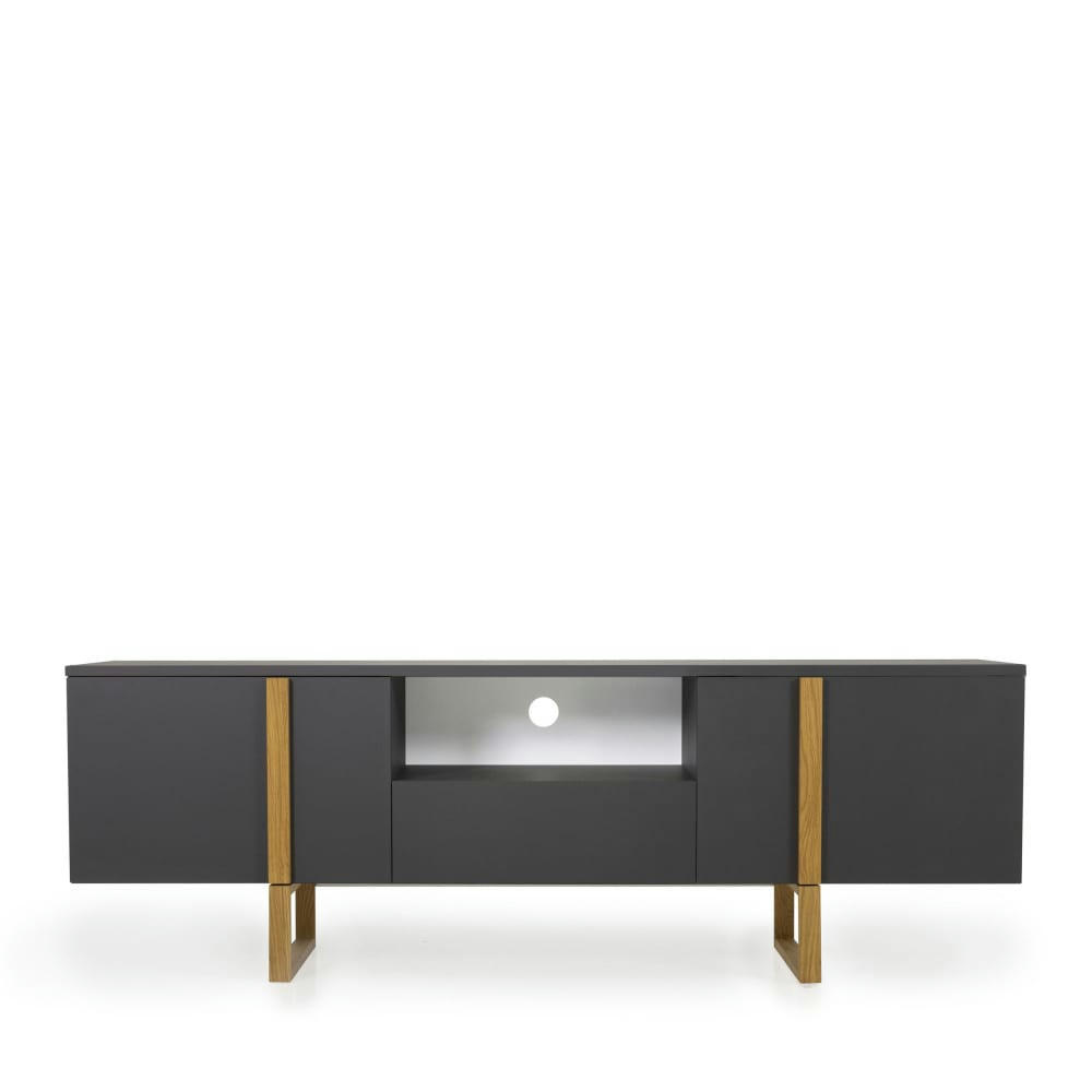 BIRKA - Meuble TV en bois 2 portes 1 tiroir L177cm gris foncé