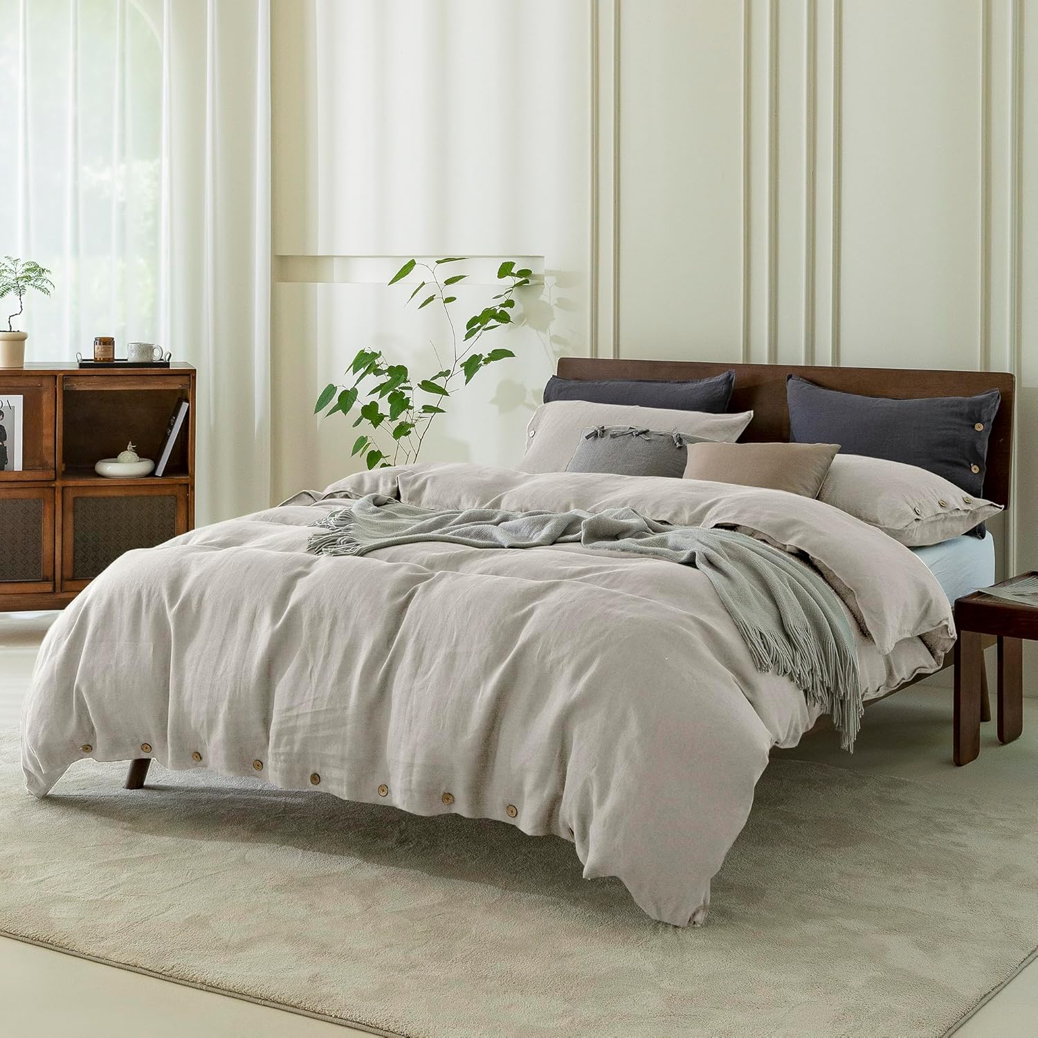 EVERLY 100% Pure Linen Duvet Cover Set Queen Size90X90Inch 3pcs (1 Duvet Cover,2 Pillowcases) Soft and Breathable for All Season with Coconut Button Closure, Suitable for Hot Sleepers-Linen-Queen