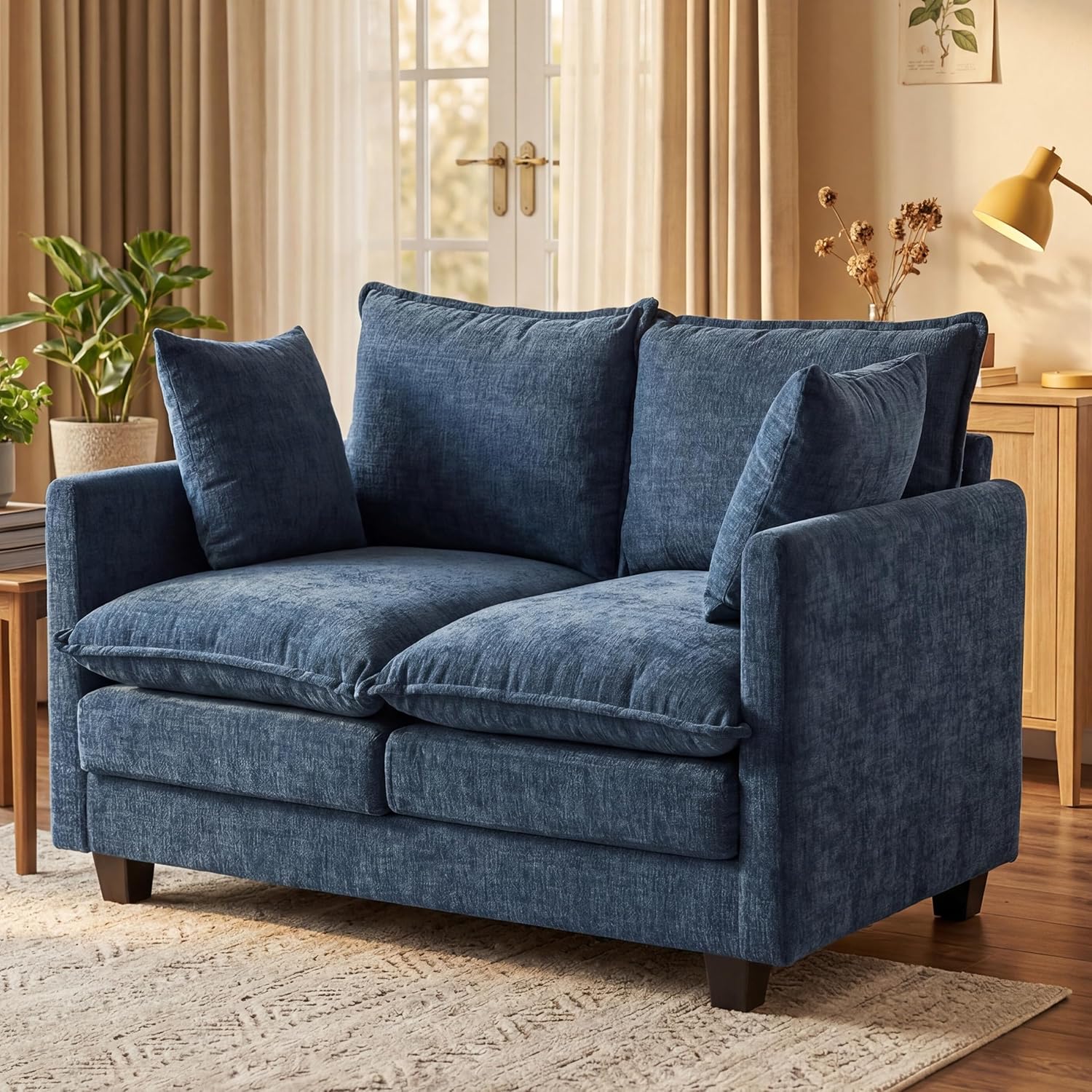 Loveseat Sofa with Cloud 3-Layer Cushion & 27 Deep Seat, Modern Small Couch with 2 Washable Pillows for Small Spaces, Bedroom, Apartment, Office, Living Room, in a Box, 50-Inch Blue