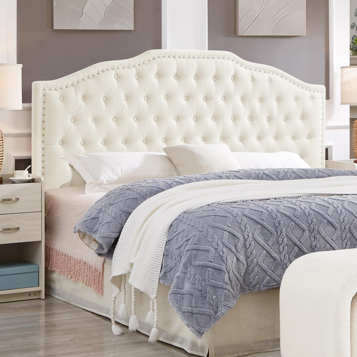 24KF Upholstered Button Tufted King Size Headboard with Nailhead Trim, Elegant Boucle Fabric California King headboard, 6031-K-Boucle-Ivory