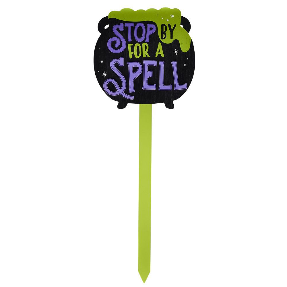 Pancarte jardin bois Halloween inscription Stop by for a spell H82,5cm