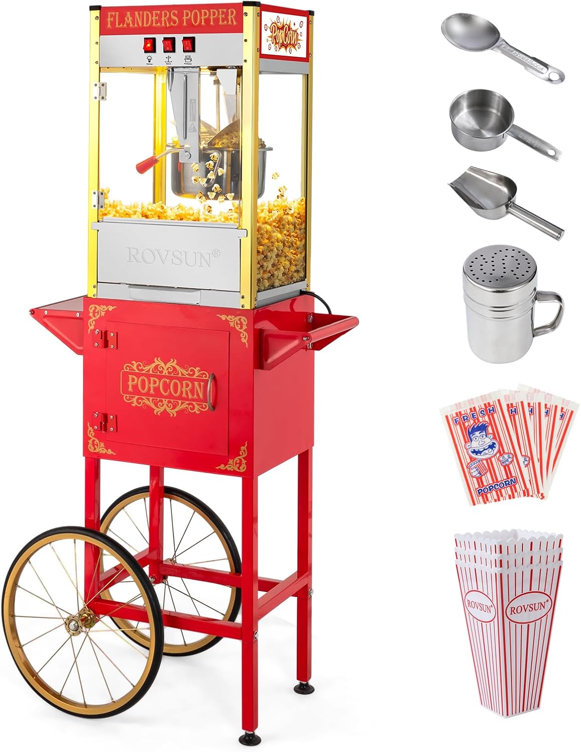 ROVSUN Popcorn Machine with Cart, 10 Oz Kettle Makes Up to 4 Gallons ETL Certified, Vintage Popcorn Maker w/Scoop, Oil Spoon, Bags & 3 Popcorn Cups, Movie Theater Style Popper for Commercial Home, Red