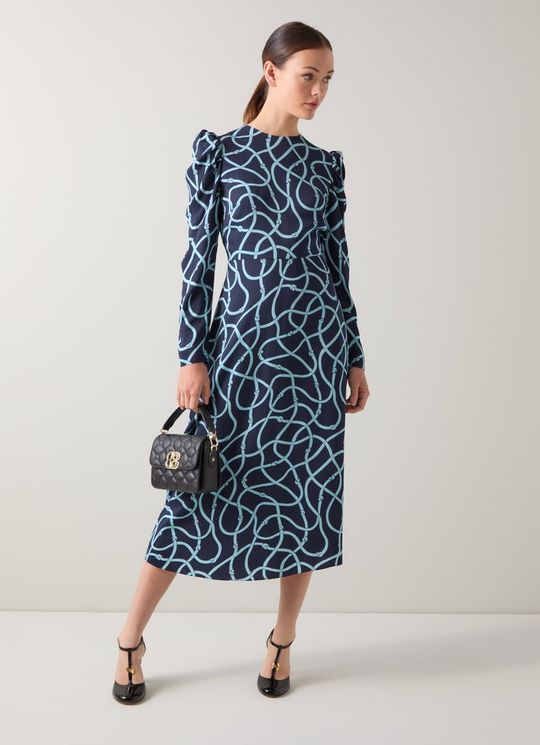 Juno Blue Rope Print Gathered Sleeve Dress