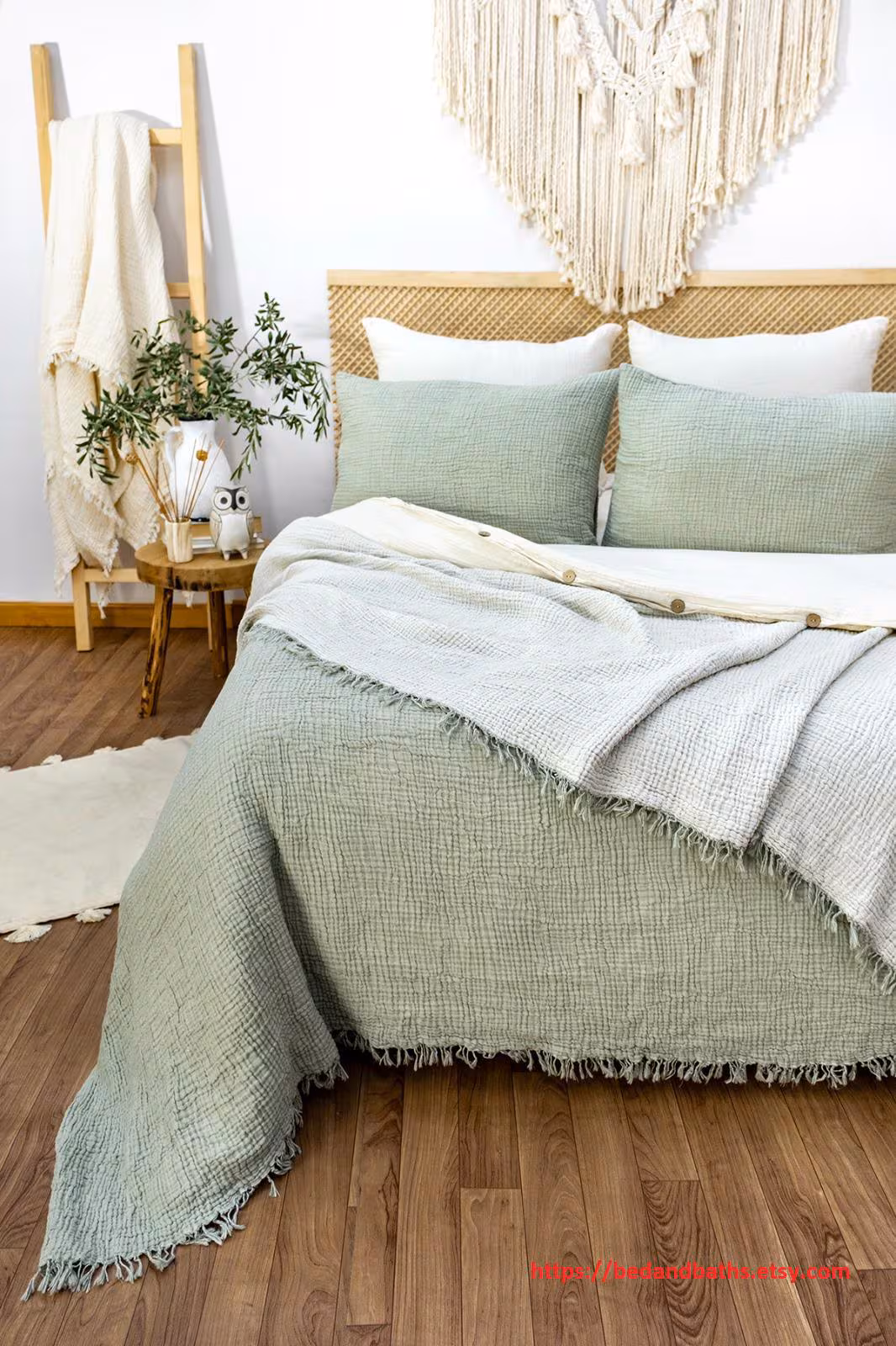 Sage Green Muslin Bedspread 4 Layer Turkish Cotton Gauze Blanket Soft Breathable Lightweight Throw