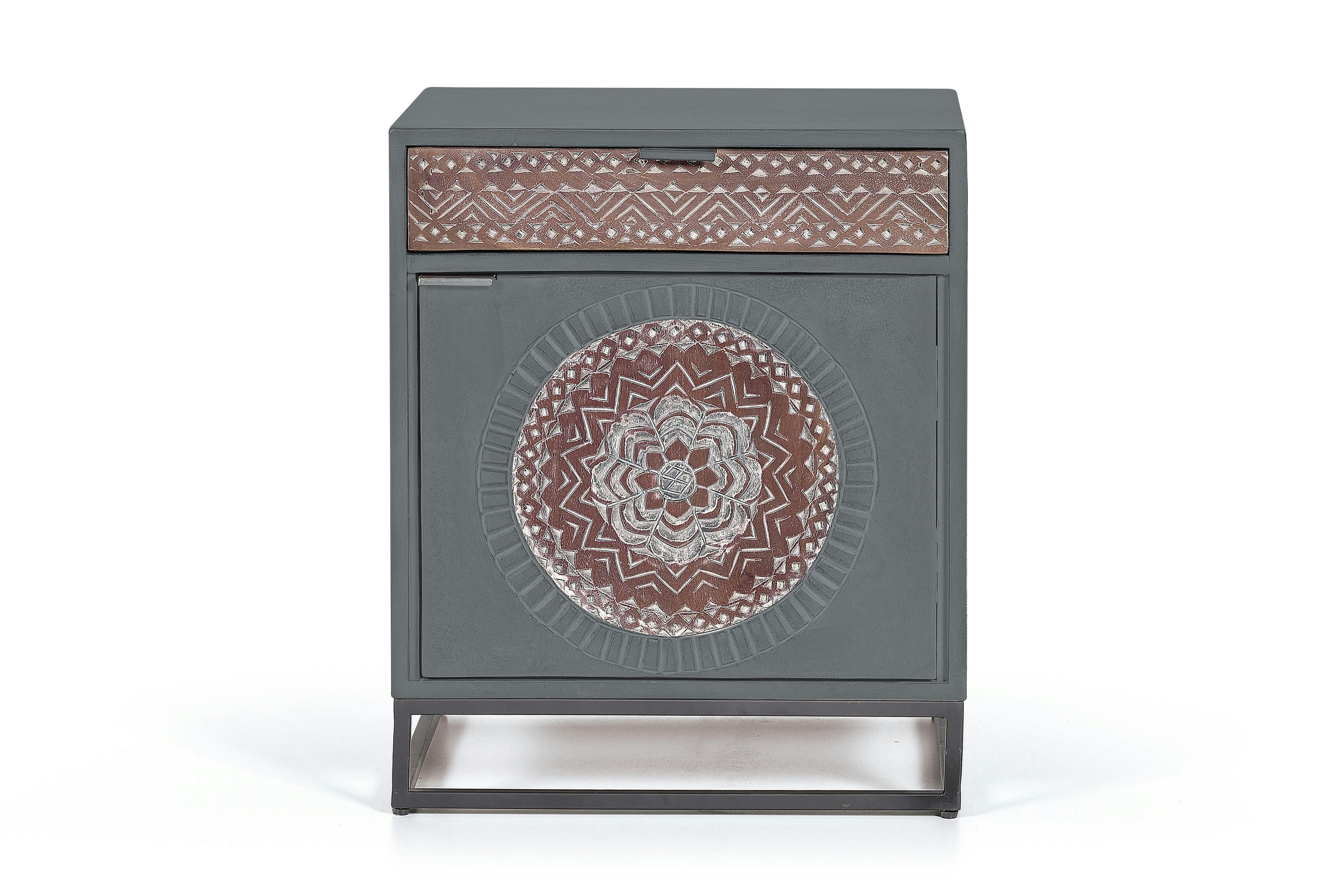 WOOD MANDALA - Table de chevet en manguier et pieds en métal gris et marron