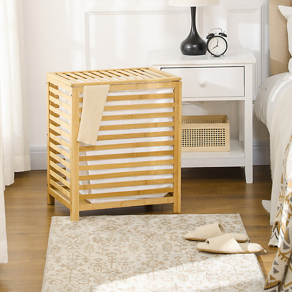 Panier à linge 55 L en bambou naturel avec couvercle et sac amovible, pour chambre et salle de bain, 50x36x60 cm