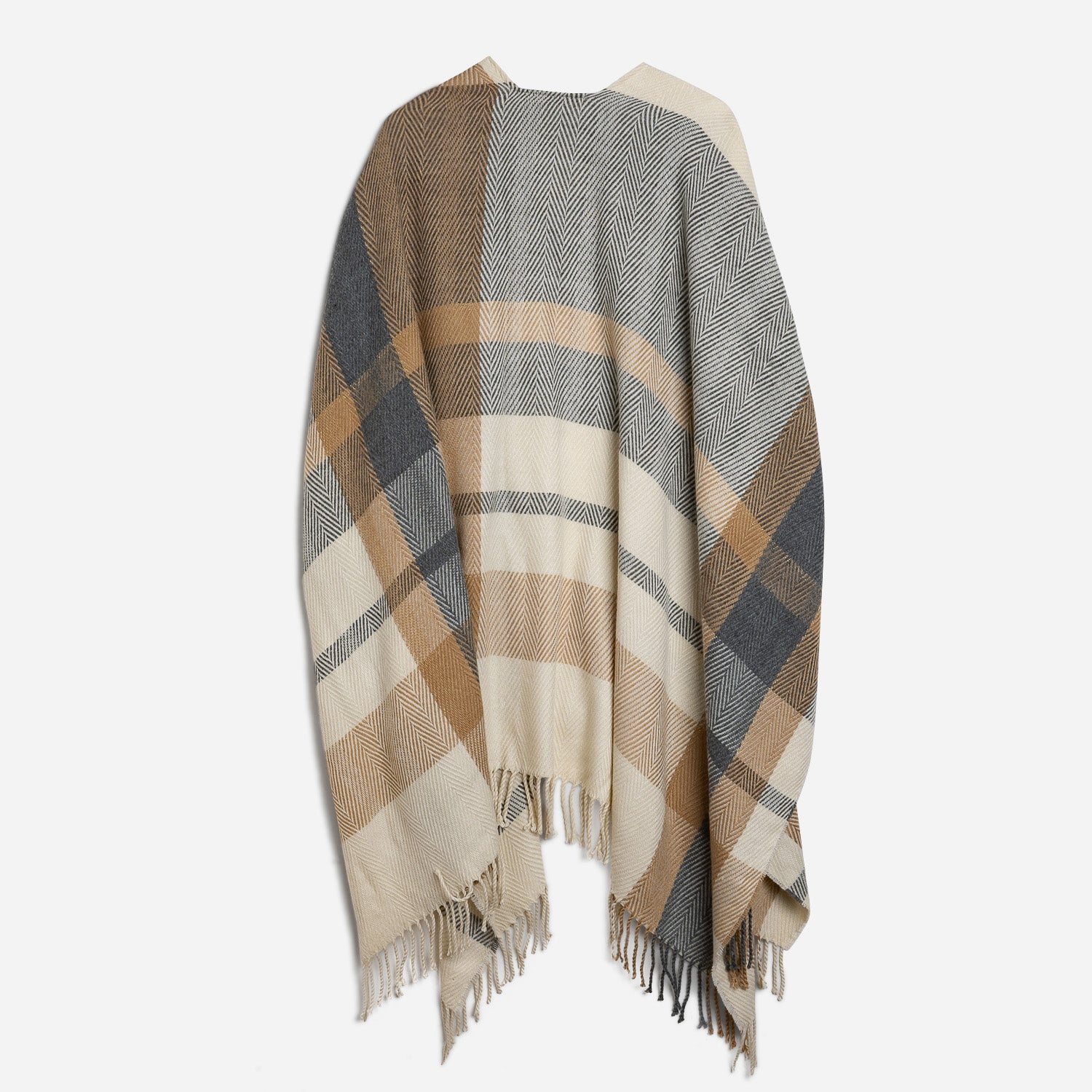 Poncho camel, écru, gris à motif carreaux