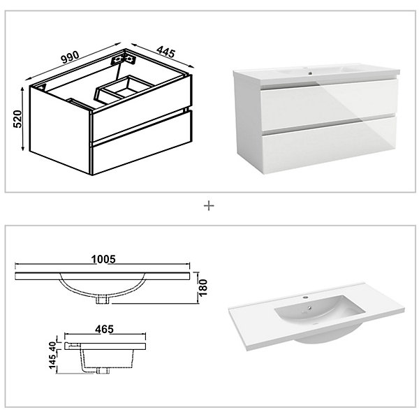 Ensemble meuble salle de bain 100 cm blanc brillant avec 2 tiroirs, lavabo céramique simple   colonne haute, suspendu