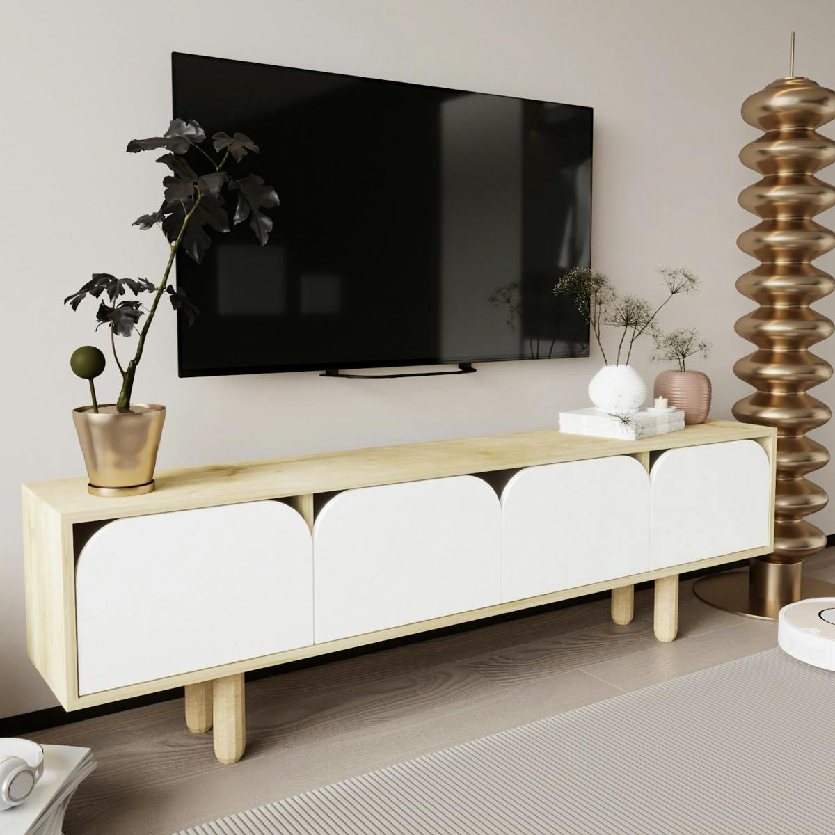 Meuble TV avec rangement, 4 portes courbes blanches VAREN