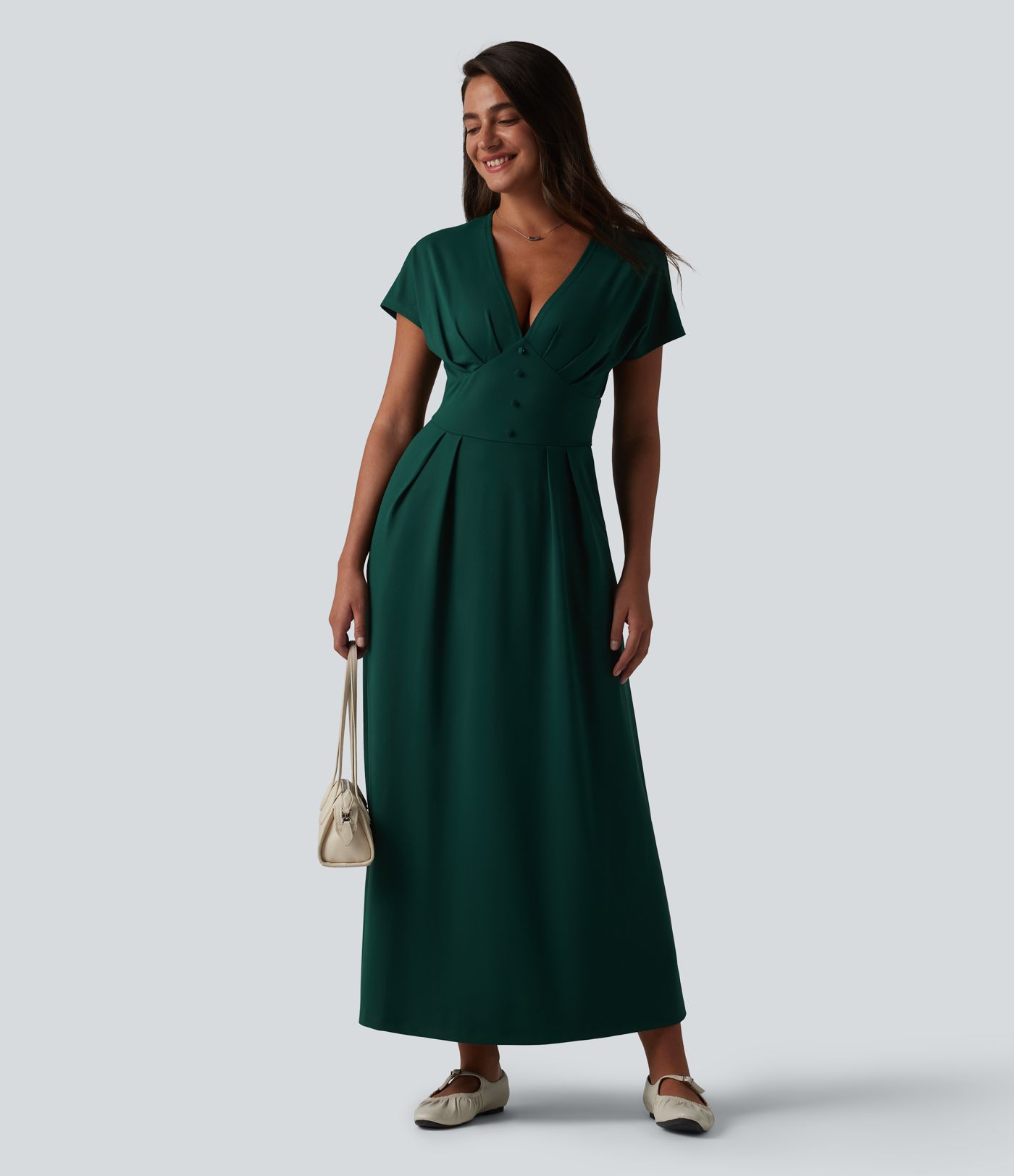 Robe midi à manches courtes chauve-souris et col en V avec poches