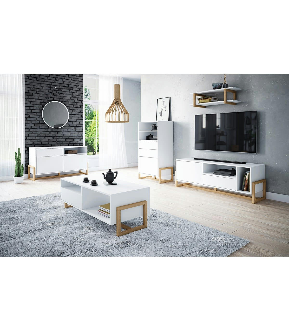 OSLO - Table basse 2 niches 1 tiroir avec pieds en hêtre L119 cm