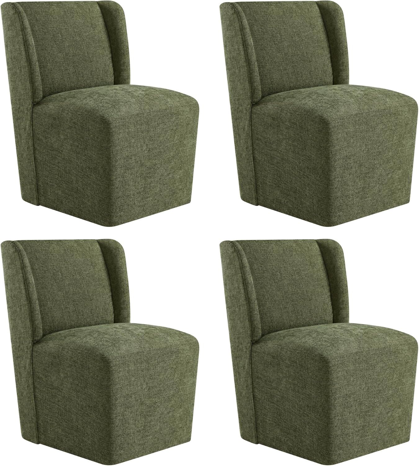 KISLOT Upholstered Dining Chairs Set of 4 with Casters, Wingback Modern Side Armless Deskchair with Rollers for Diningroom Bedroom Livingroom Reading Room, Green Fabric