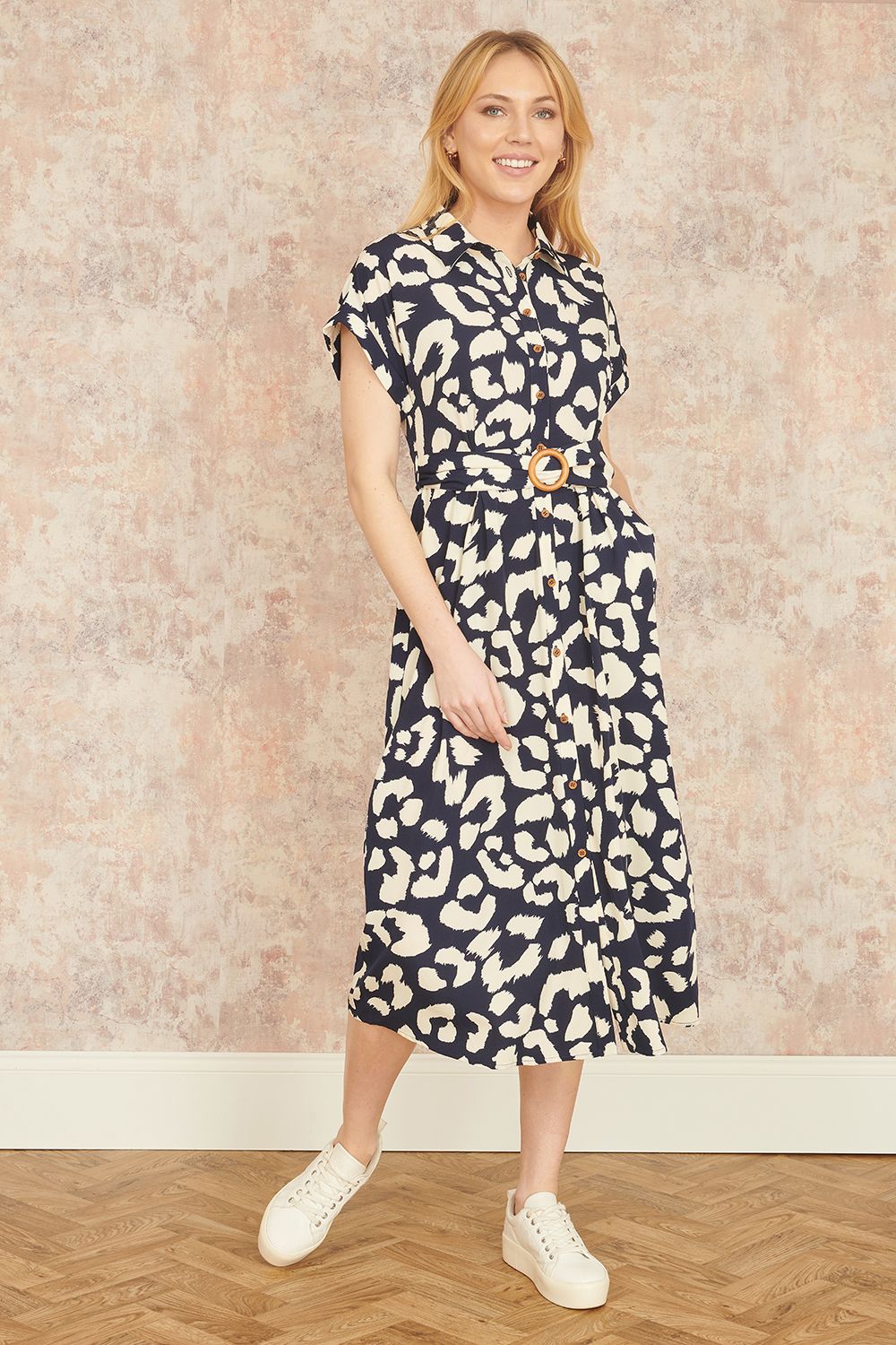 Yumi Yumi Navy Abstract Animal Print Relaxed Midi Shirt Dress With Belt