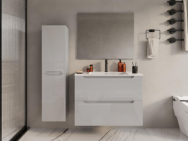 Meuble simple vasque suspendu avec colonne - Blanc - 80 cm - STEFANIE