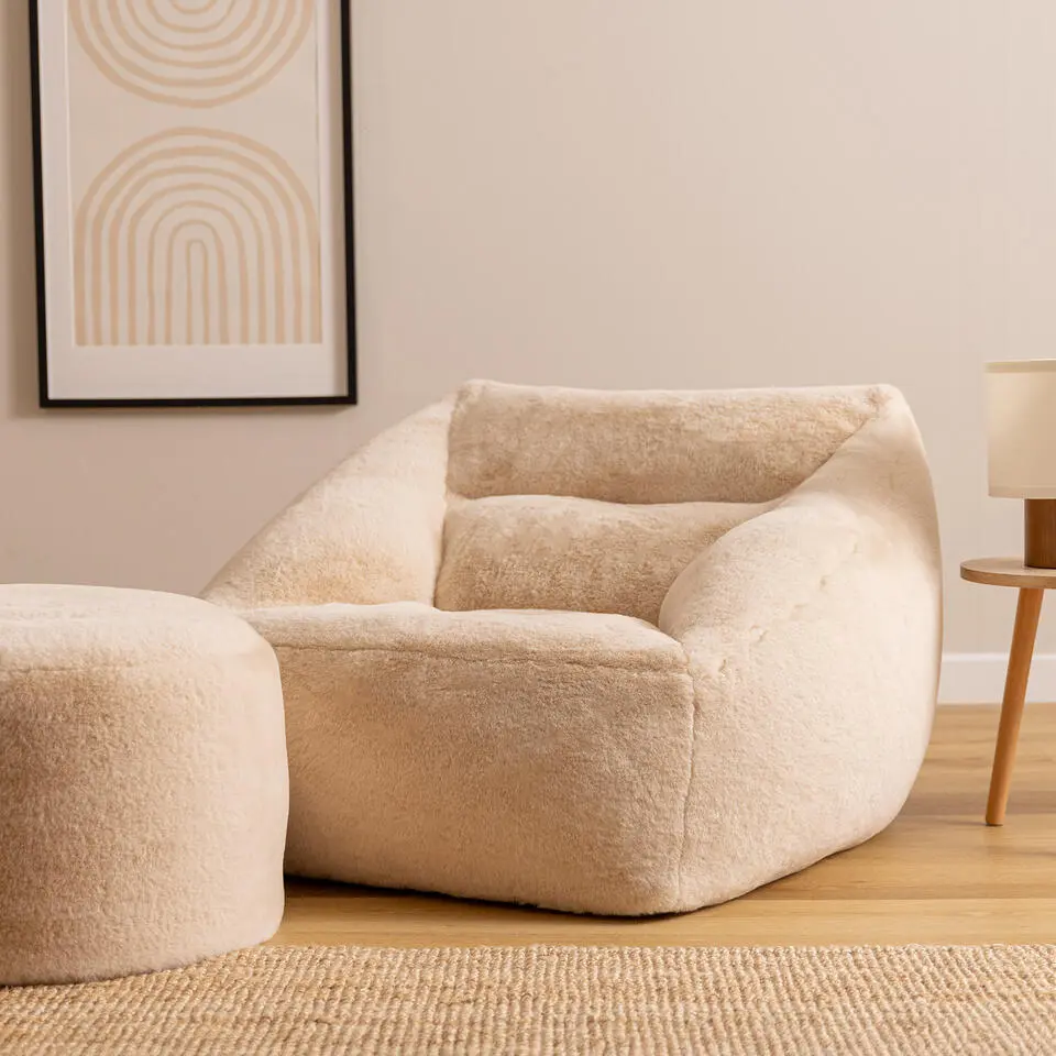 icon - Natalia XL Zitzak Fauteuil met Ronde Poef -Imitatiebont - Beige