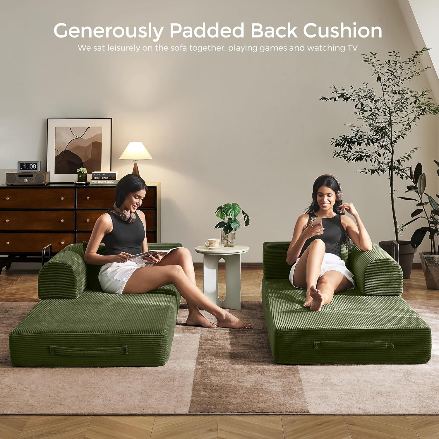 79 Convertible Sofa Bed with Fixed-Shape Frame & Removable Armrests, Modular Corduroy Sleeper Sofa, Folding Mattress Couch for Small Spaces - No Assembly Needed in Green (Includes 2 Pillows)