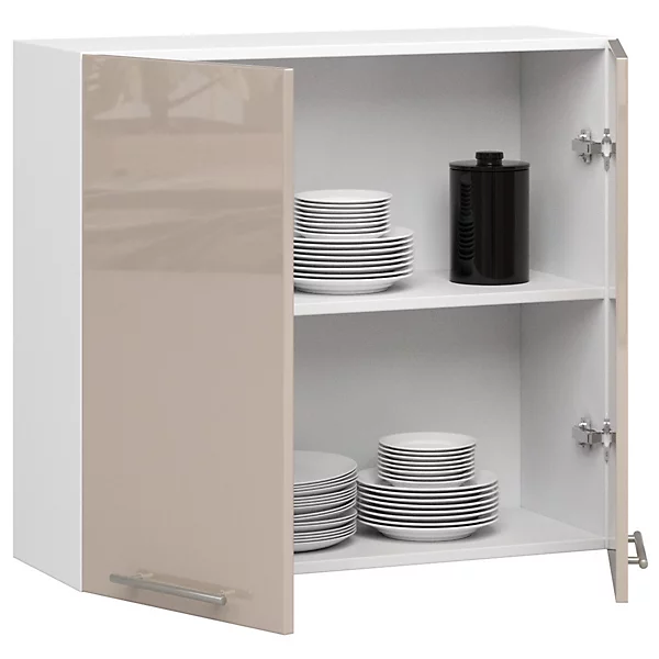 Meuble de cuisine suspendue : 2 portes, 2 étagères, blanc / cappuccino brillant, l: 80 cm, h: 72 cm, p: 30 cm.