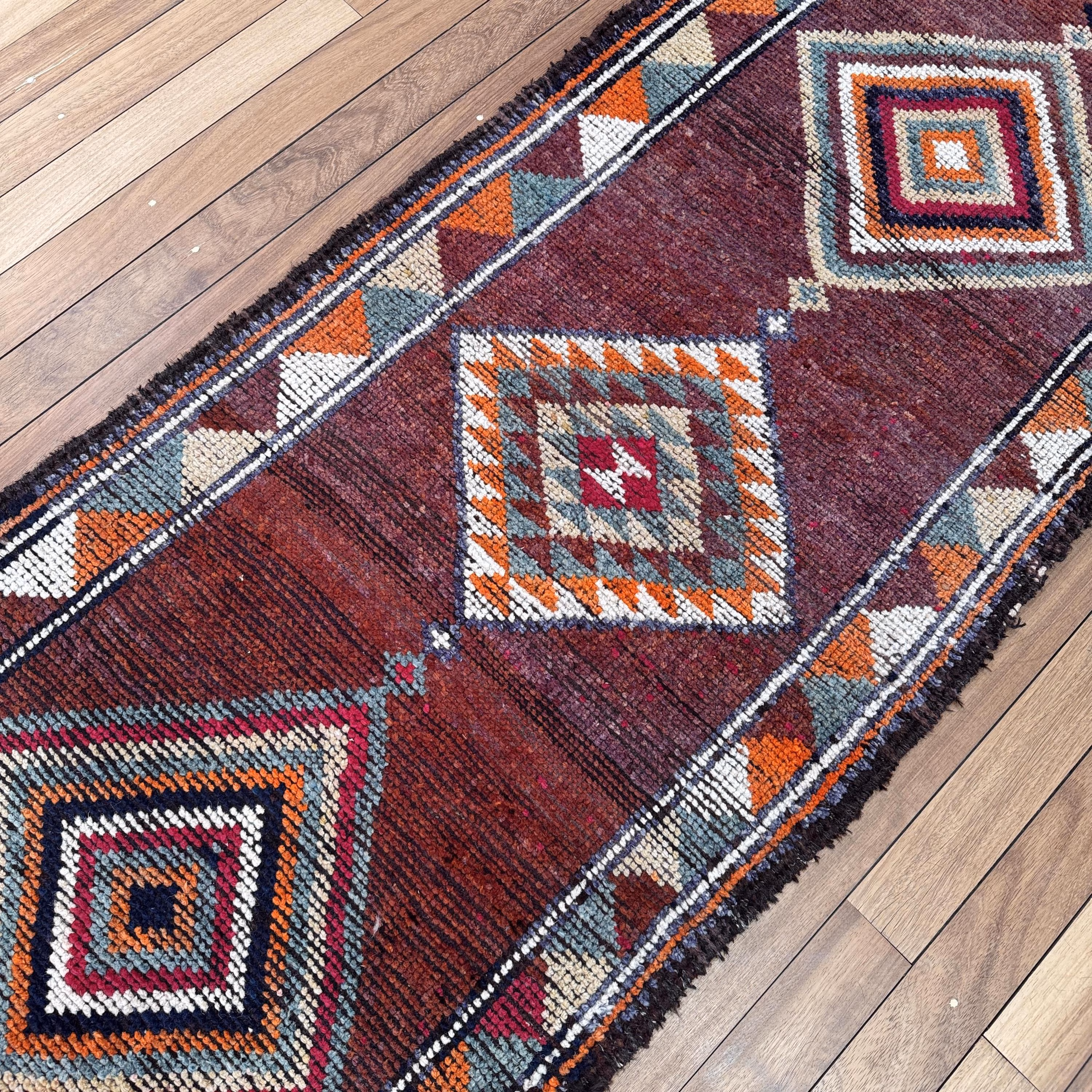 3x11.8 ft Vintage Turkish Rug, Decorative Stair Rug, Herki Brown Wool Rug