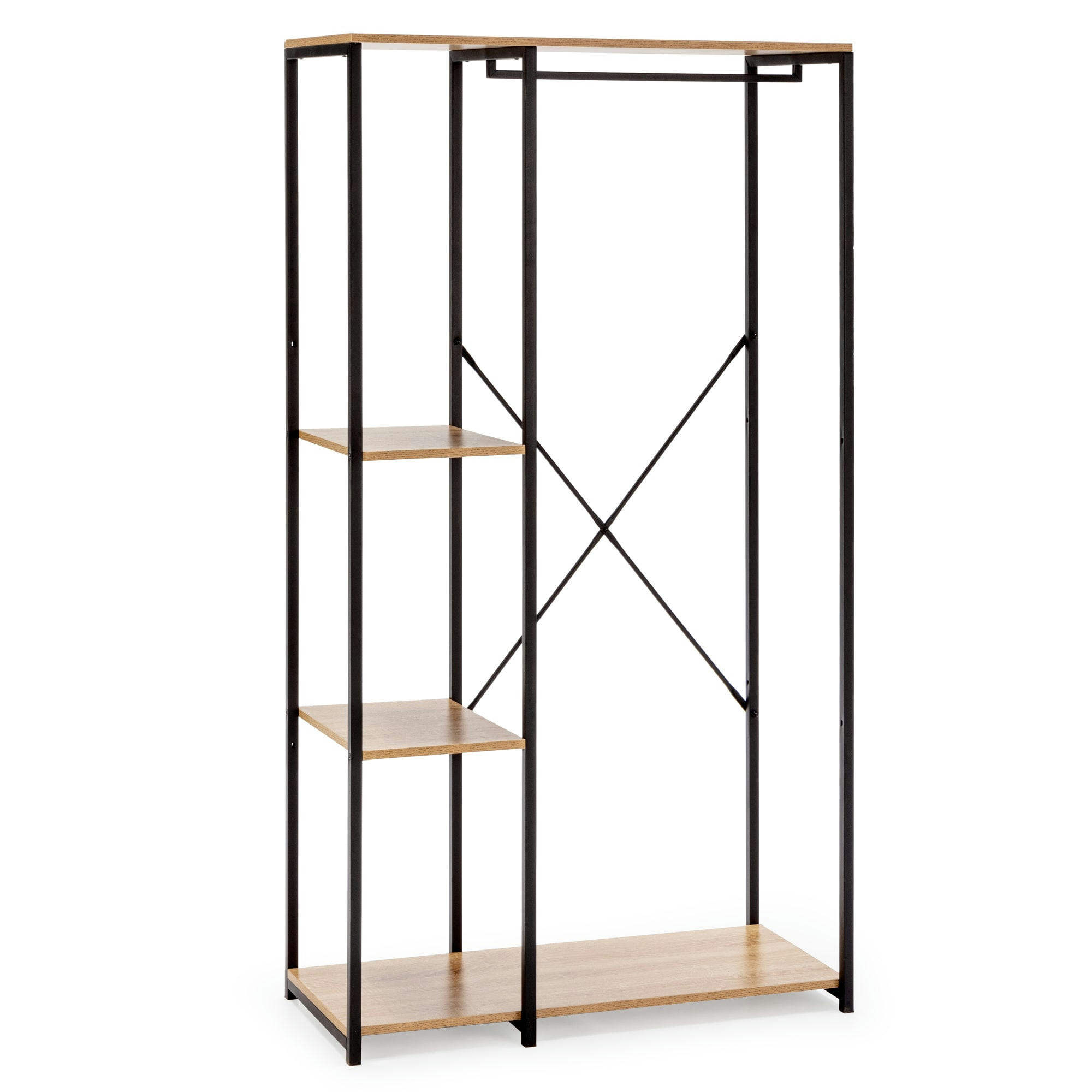 LOLA - Portemanteau avec étagère avec banc 3 étagères, couleur chêne/noir