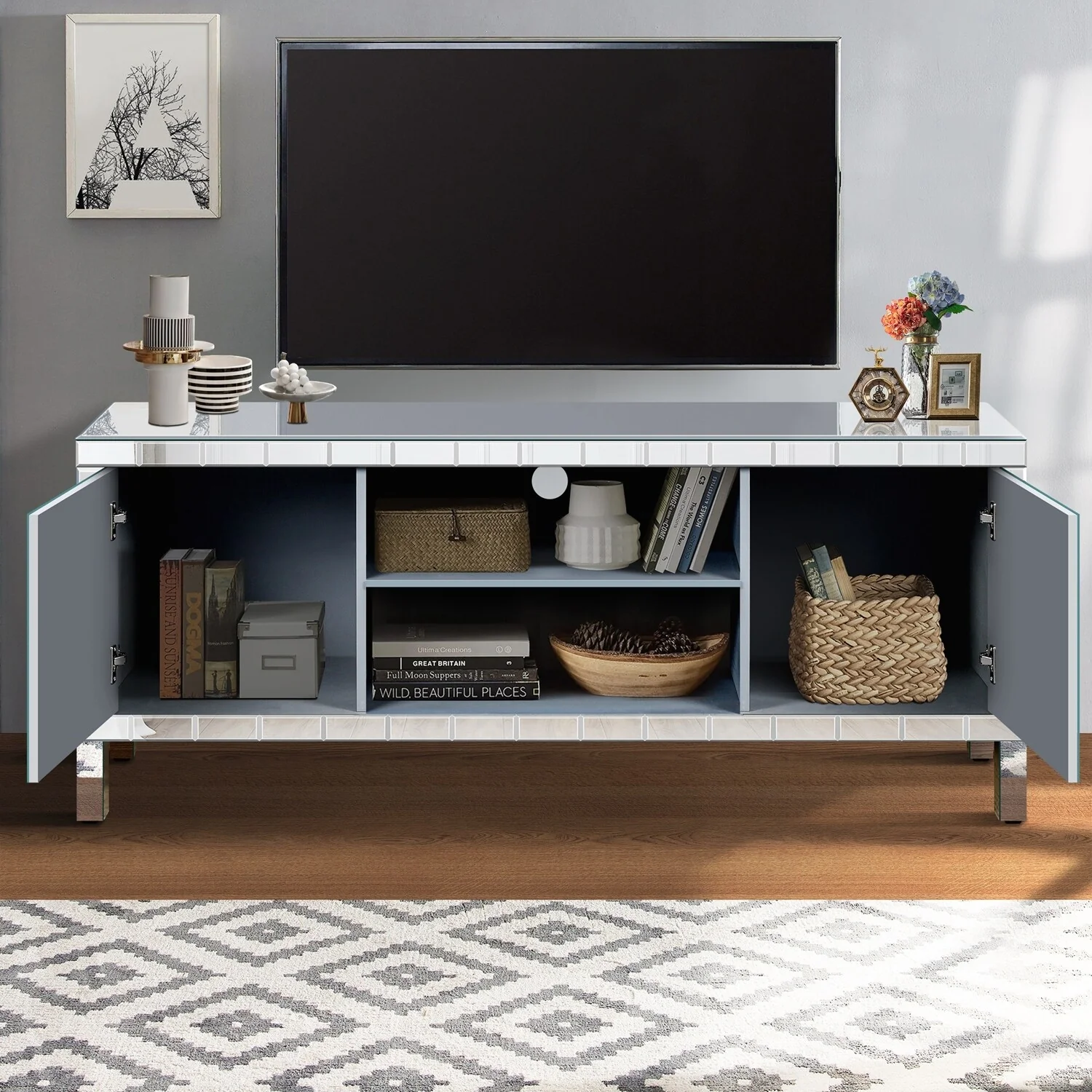 Charming Mirrored TV Stand with Abundant Storage for Living Room