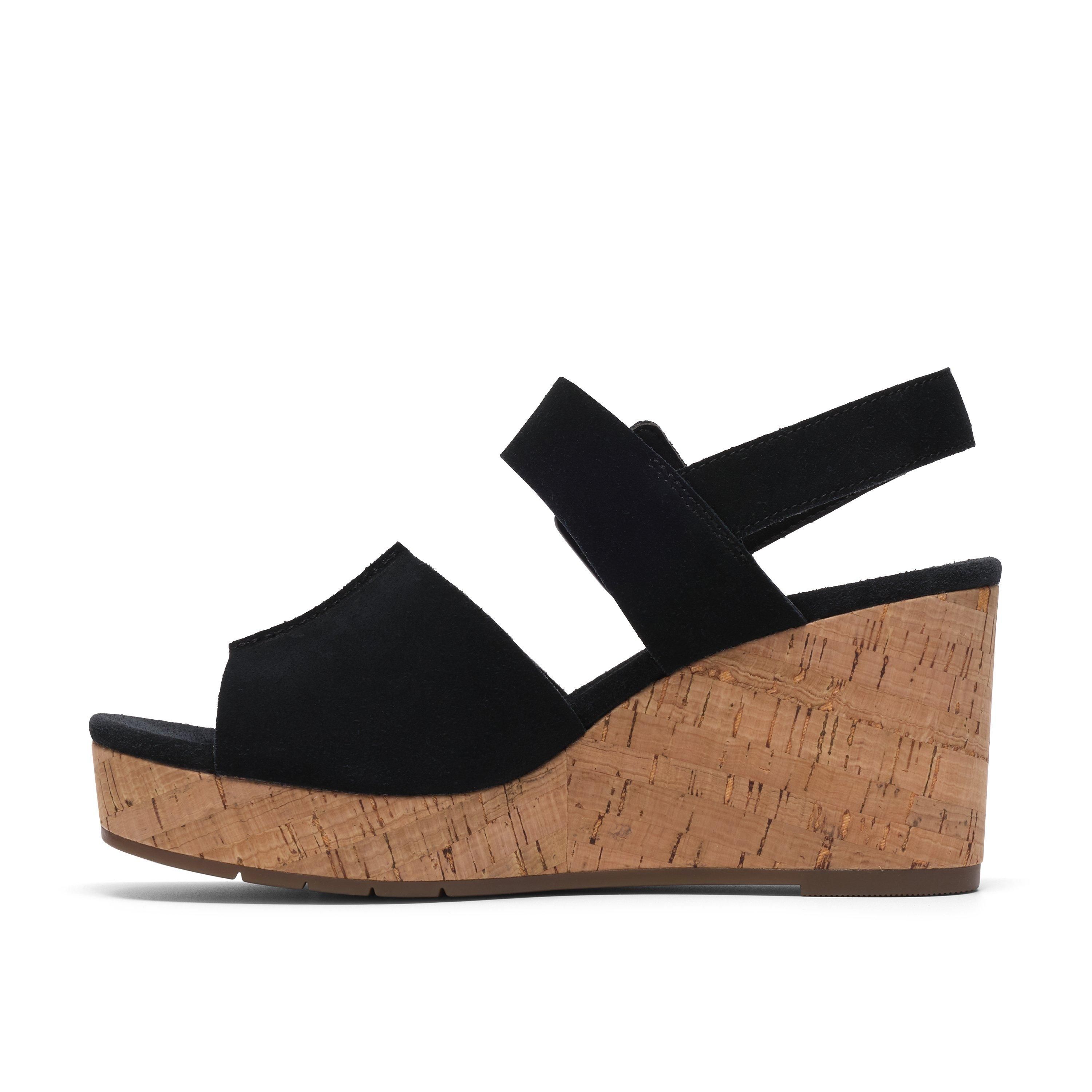 Clarks Sabina Dream Black Suede Wedge Sandals