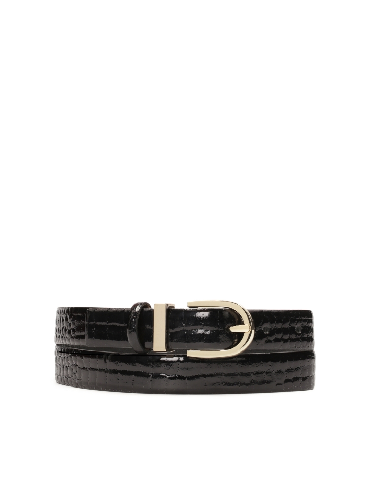 Black patent belt with embossed print