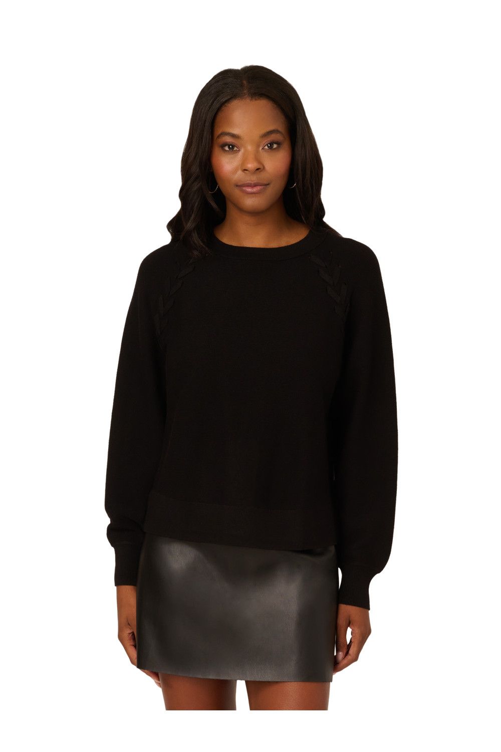Adrianna Papell Crew Neck Long Sleeve Pullover Sweater With Lace Up Detail