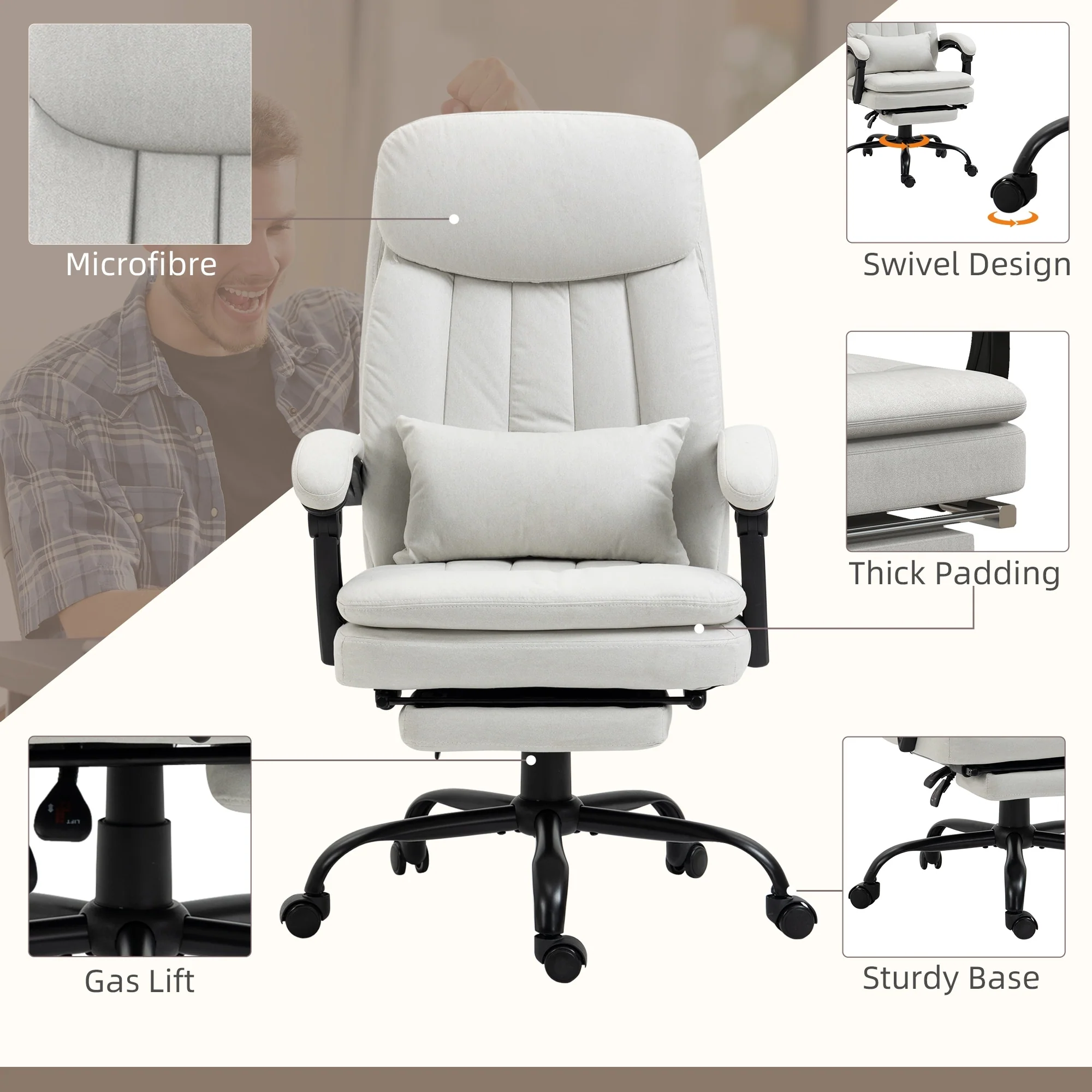 Cream Microfibre 360° Swivel Office Recliner with Vibration Massage, Lumbar Heating, Lumbar Pillow, Footrest, Adjustable Height