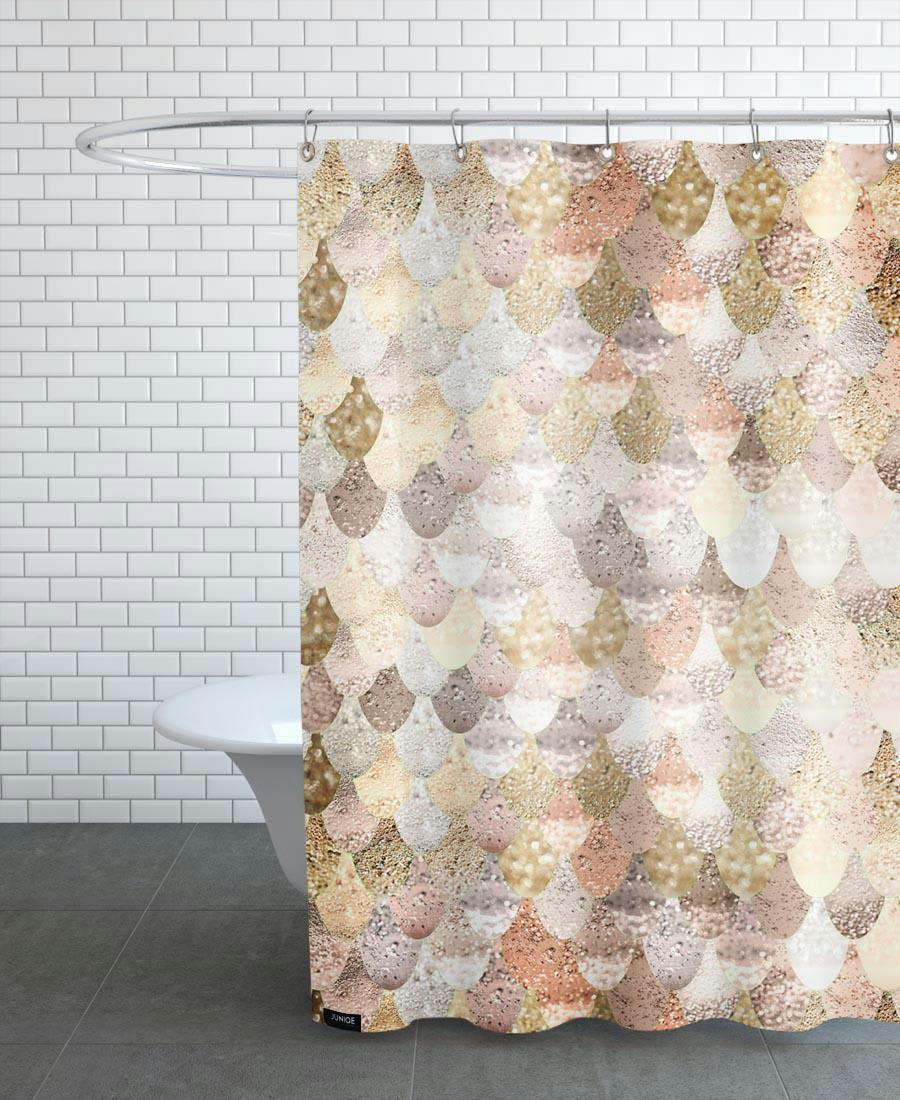 MERMAID GOLD - Rideau de douche en polyester en blanc ivoire & jaune 150x200